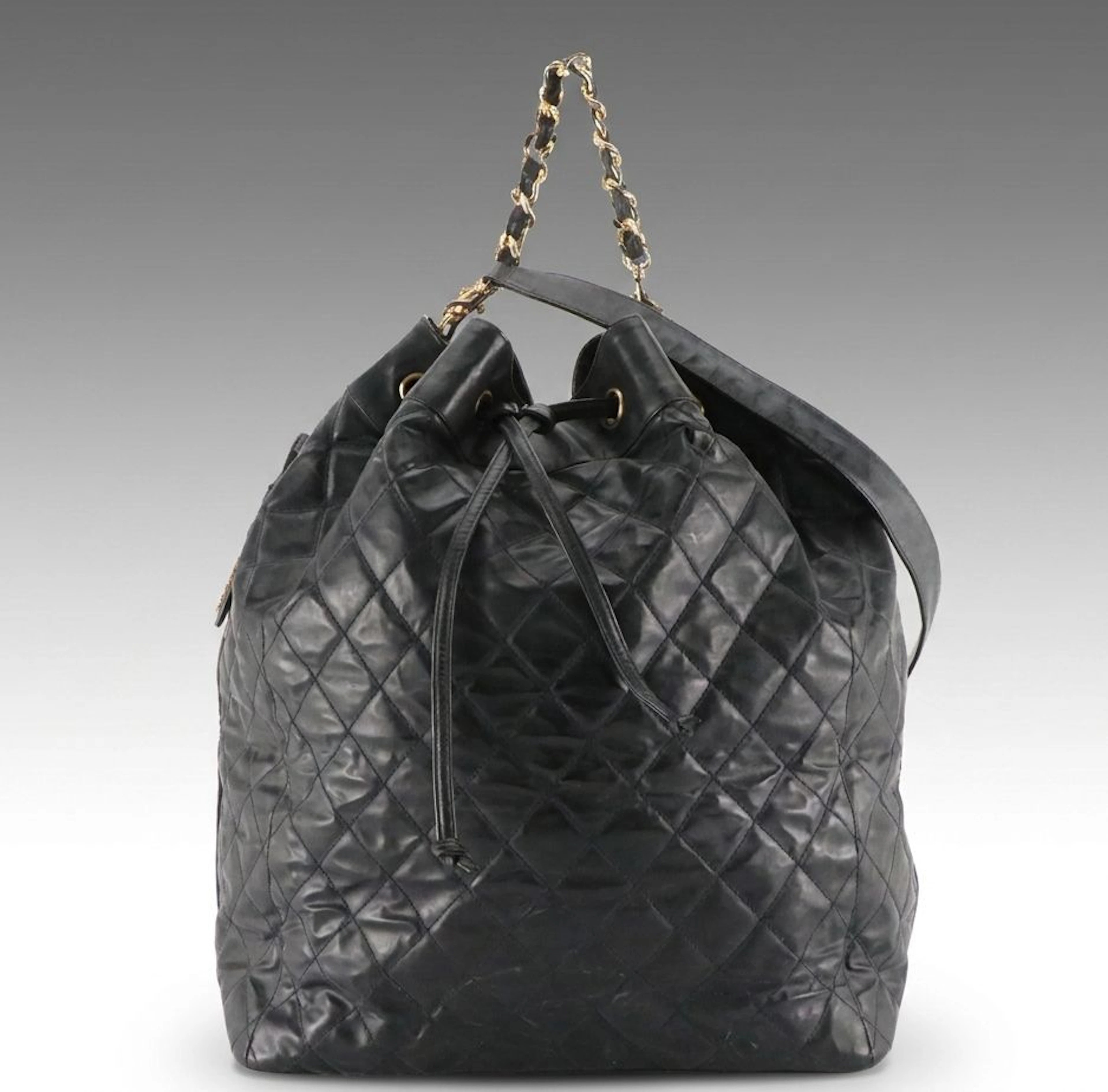 Chanel Jumbo Drawstring Shoulder Bag in Black Quilted PVC