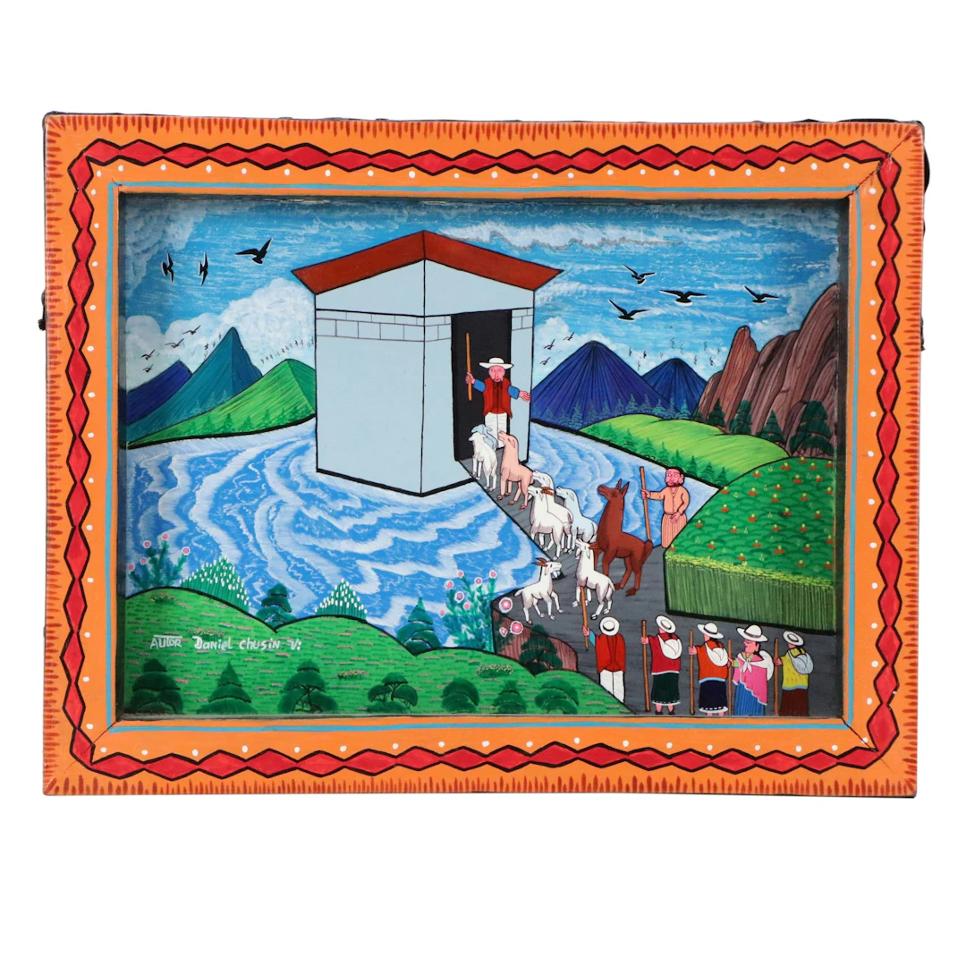 Daniel Chusin Enamel on Sheepskin Tigua Folk Art "Arca de Noe," 2001