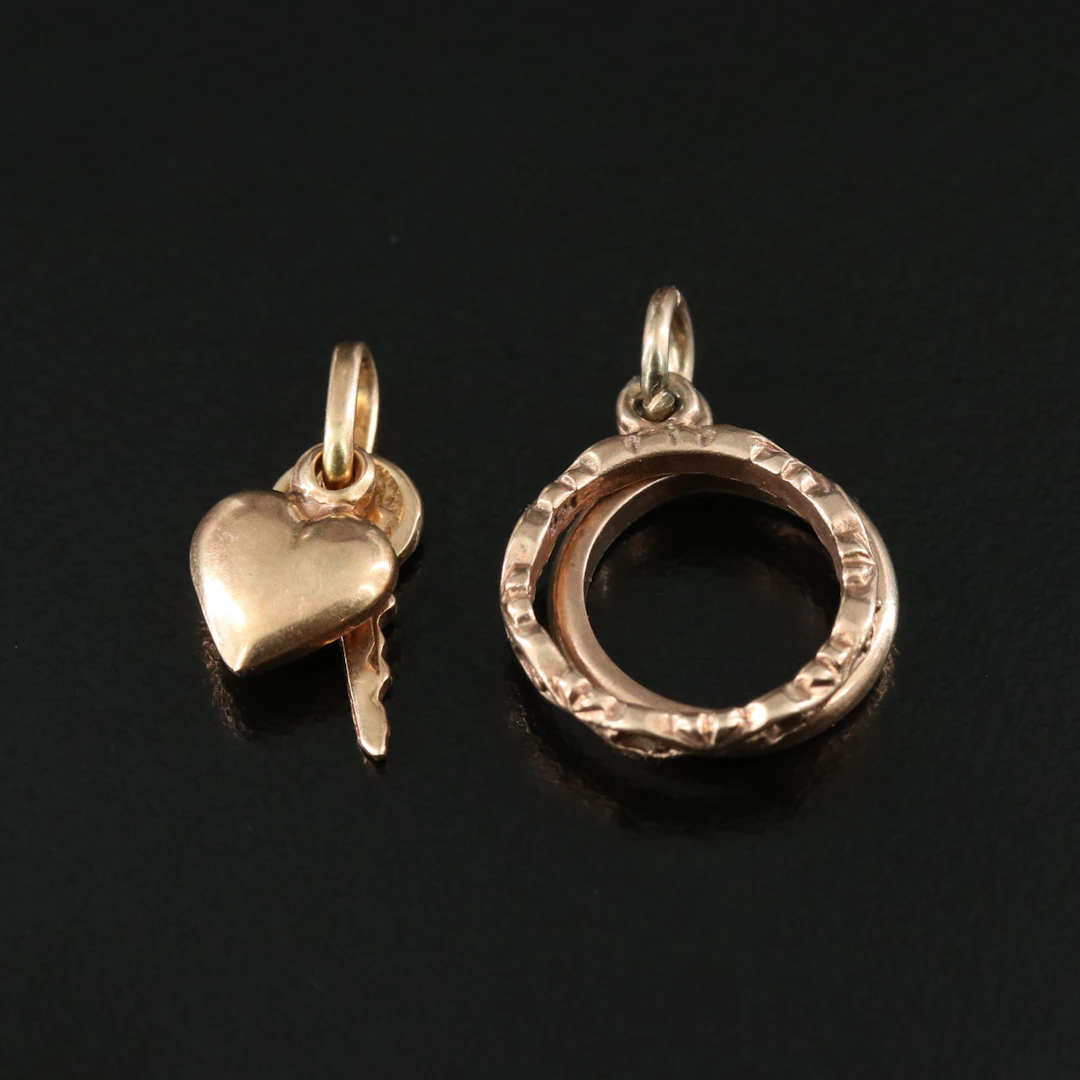 9K Ring, 14K Heart and Key Charms