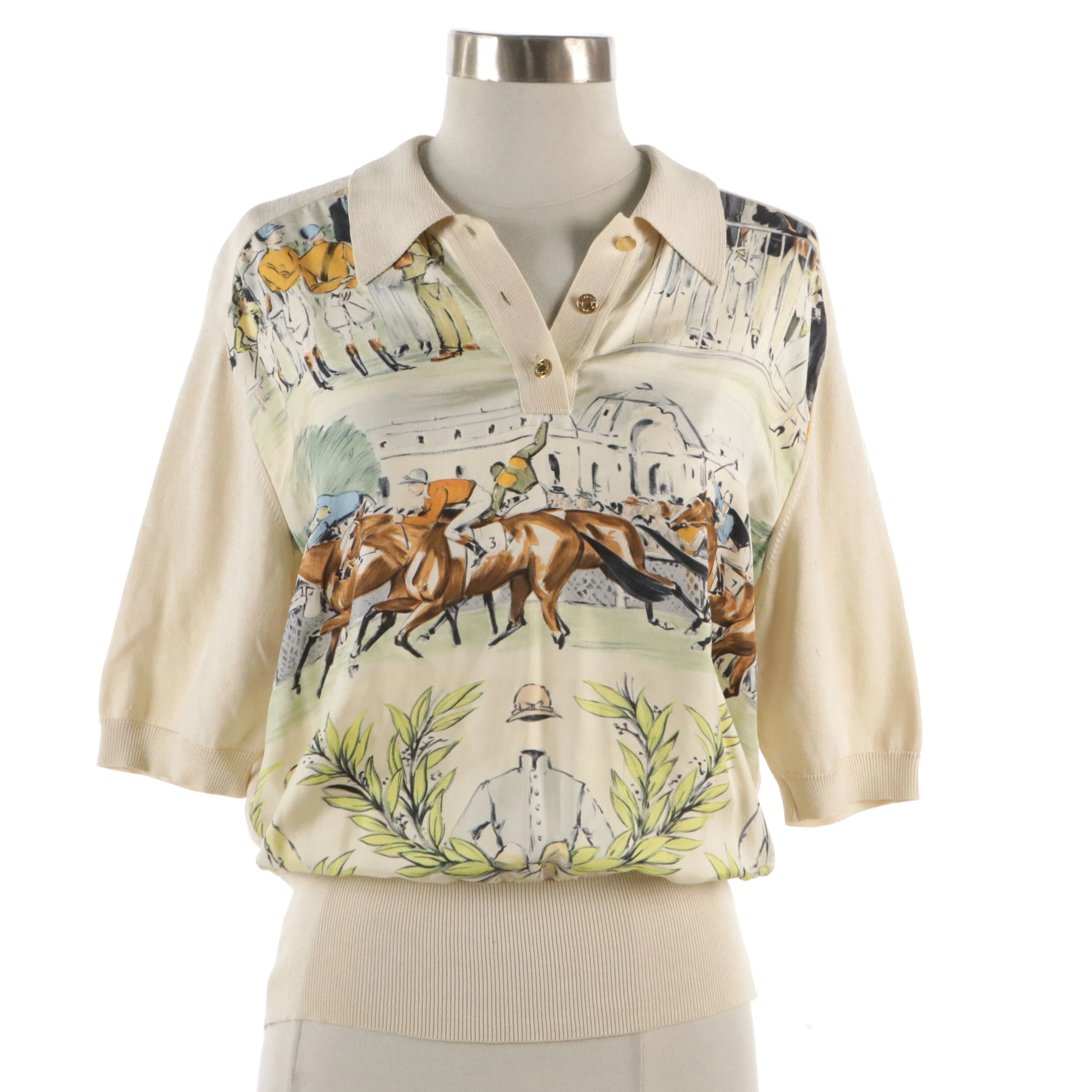 Hermès Horse Racing Print Silk and Cotton Short Sleeve Pullover Top