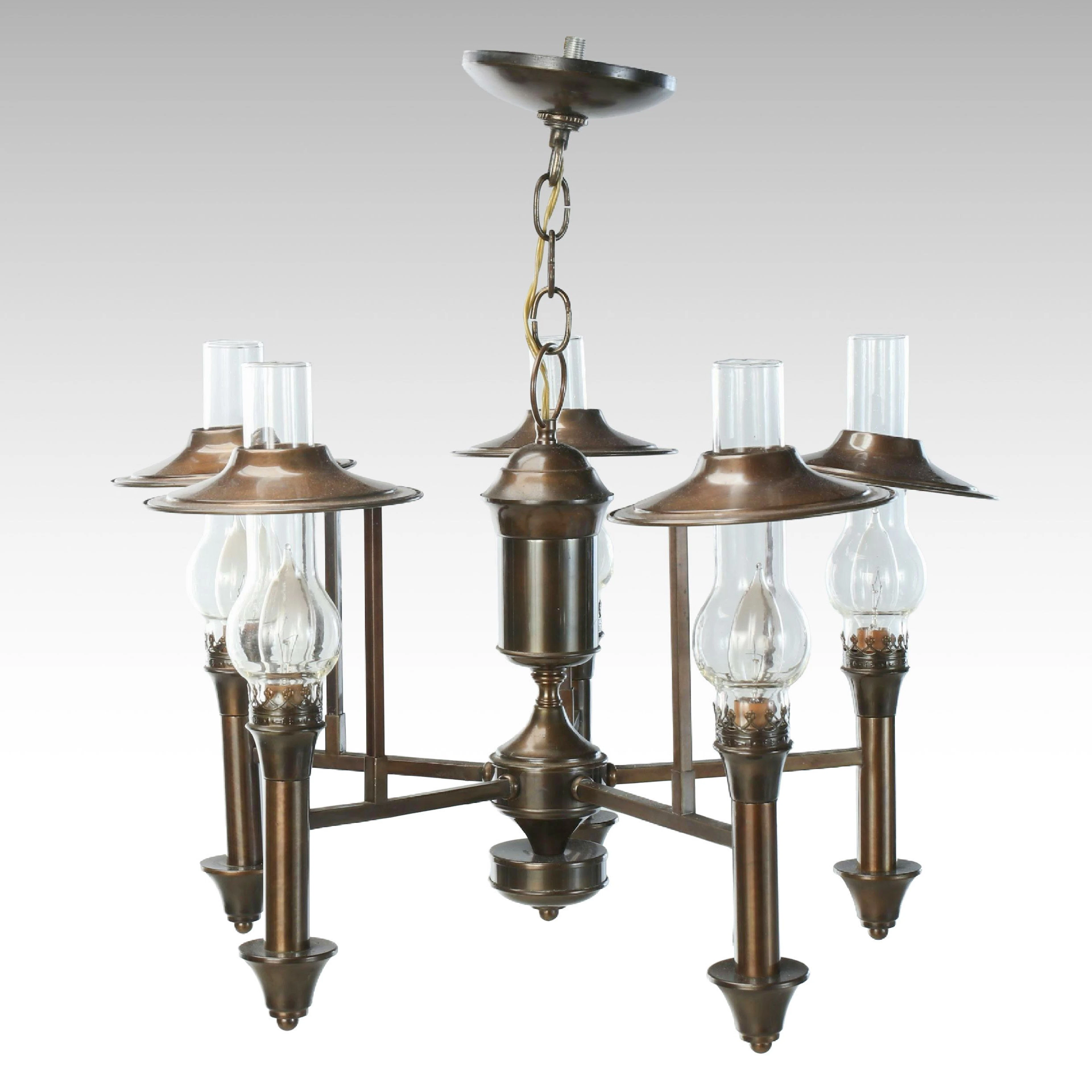 Arts & Crafts Style Five-Arm Copper with Glass Chimneys Chandelier