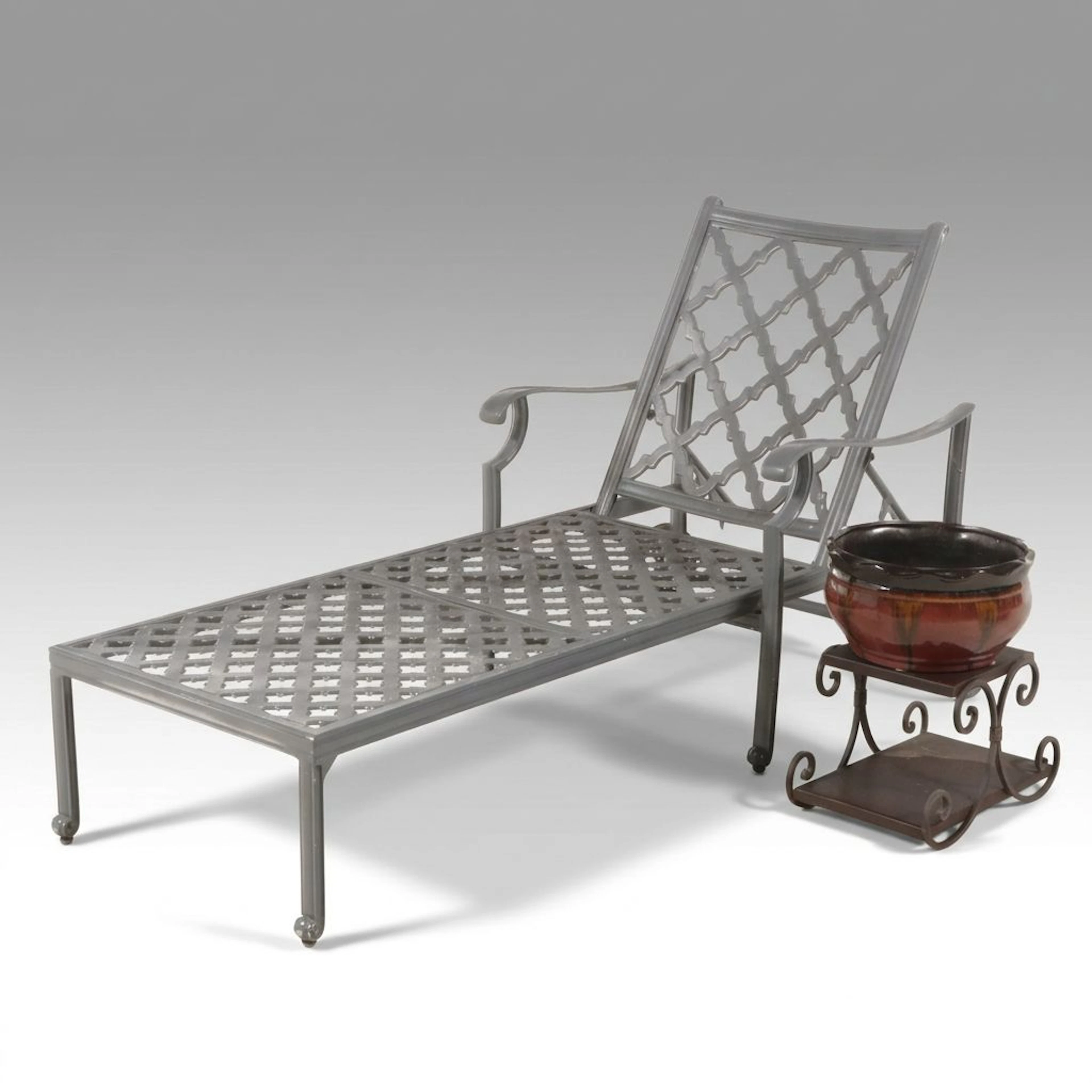 Cast Metal Patio Chaise Lounge with End Table and Ceramic Planter