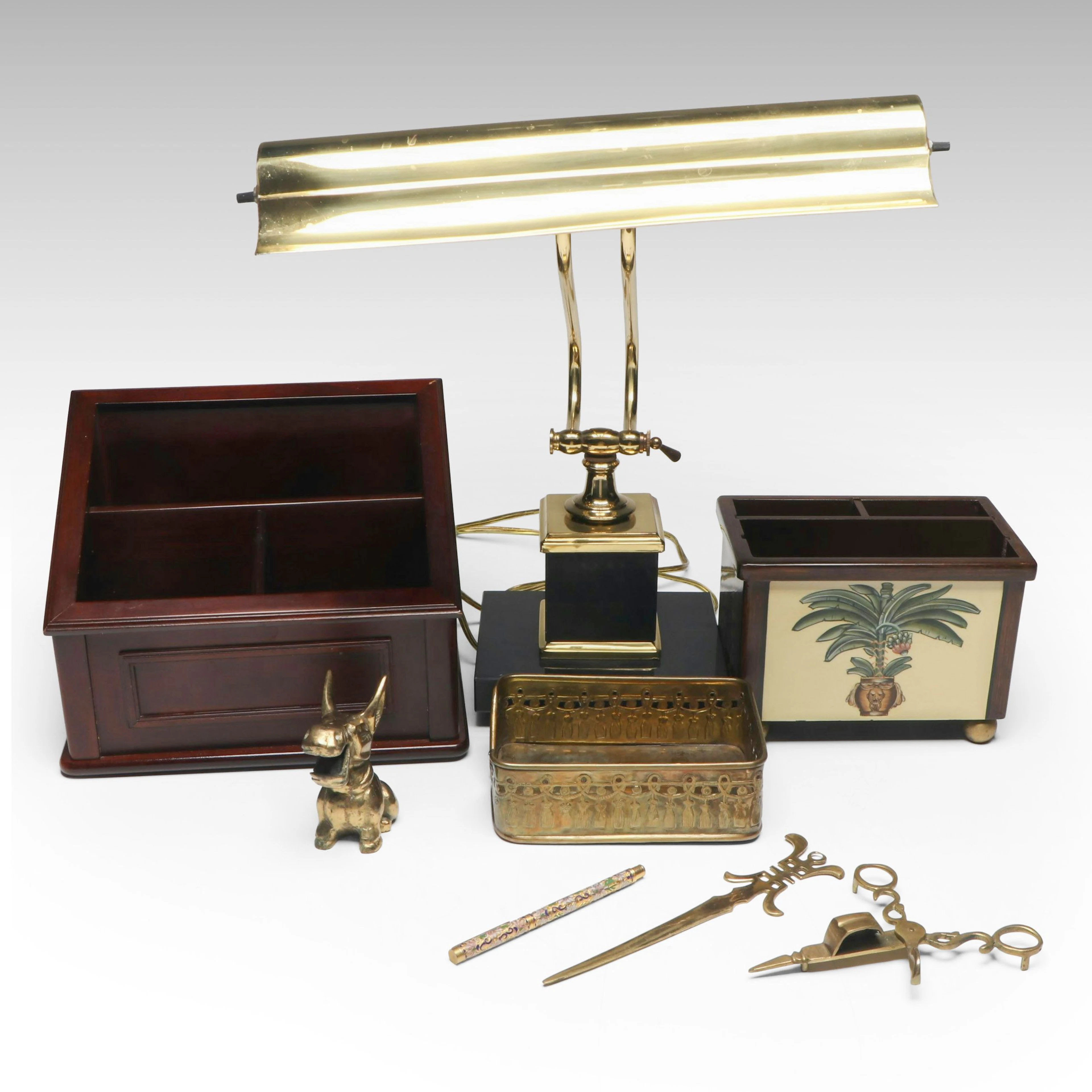 Brass Desk Lamp with Brass Tray and Other Desk Accessories