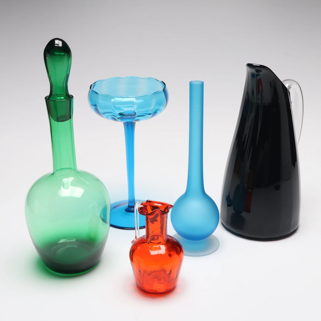 Orbix Art Glass Pitcher, Green Glass Decanter, and More Glassware