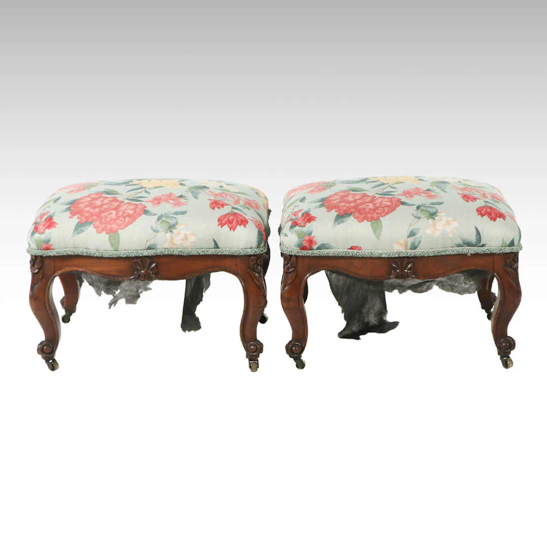 Pair of Victorian Rococo Revival Walnut and Custom-Upholstered Footstools