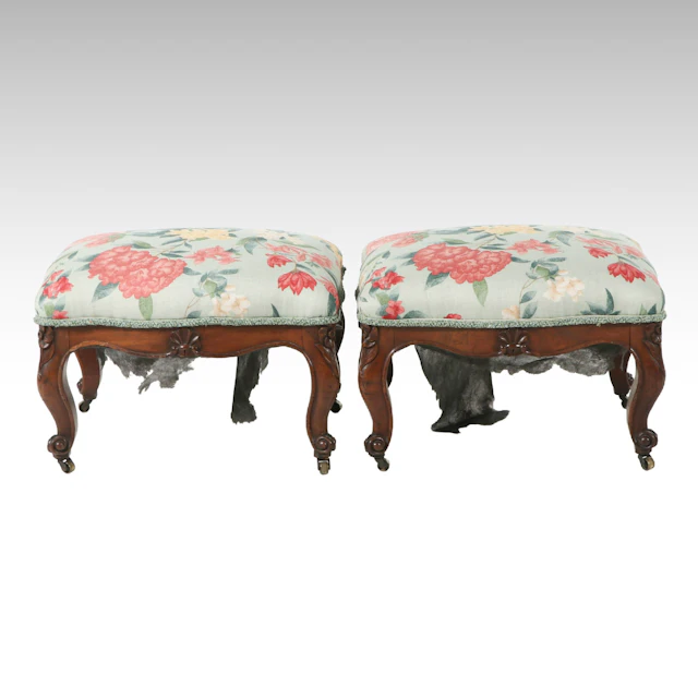 Pair of Victorian Rococo Revival Walnut and Custom-Upholstered Footstools