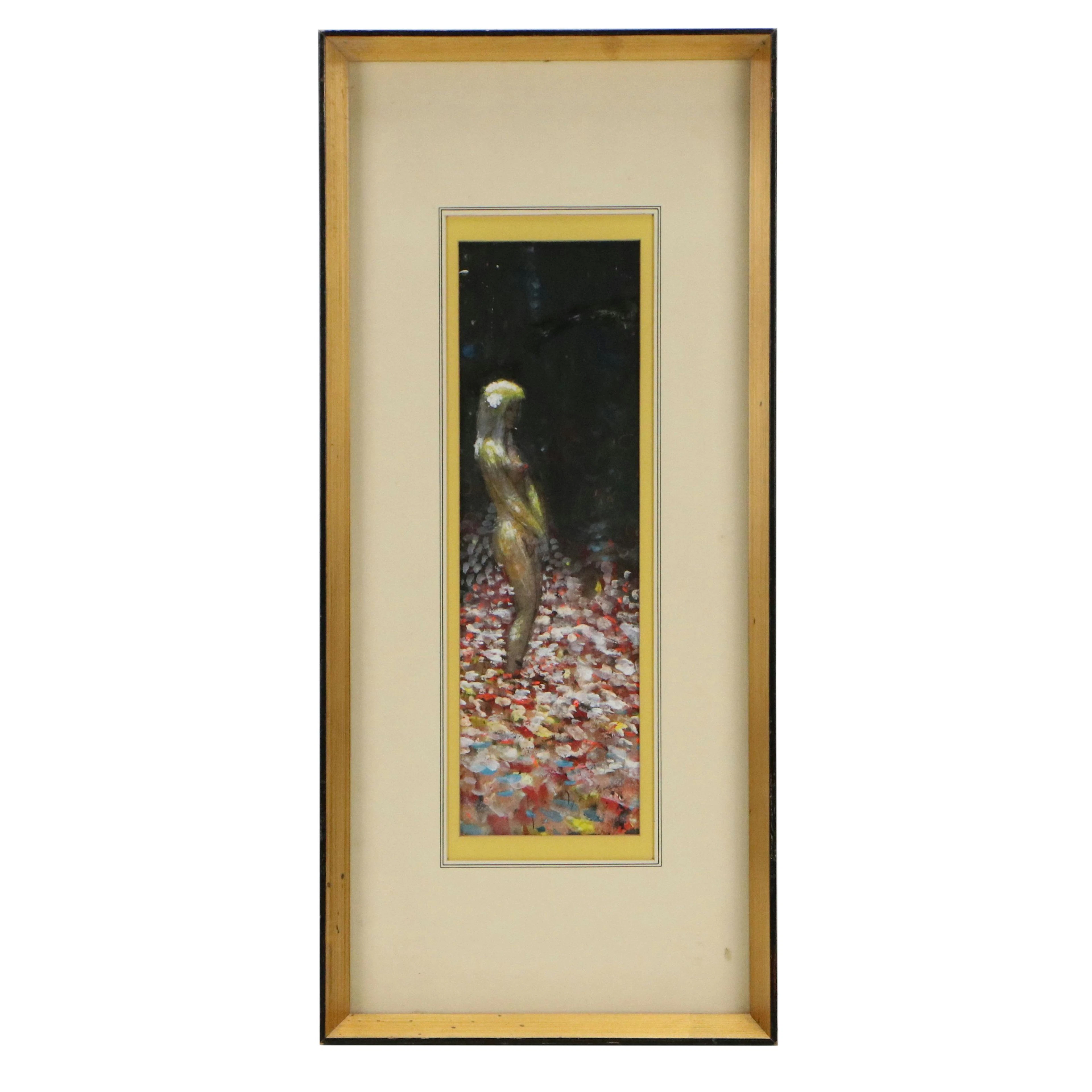 Surrealist Watercolor and Gouache Painting of Nude Female in Field of Flowers