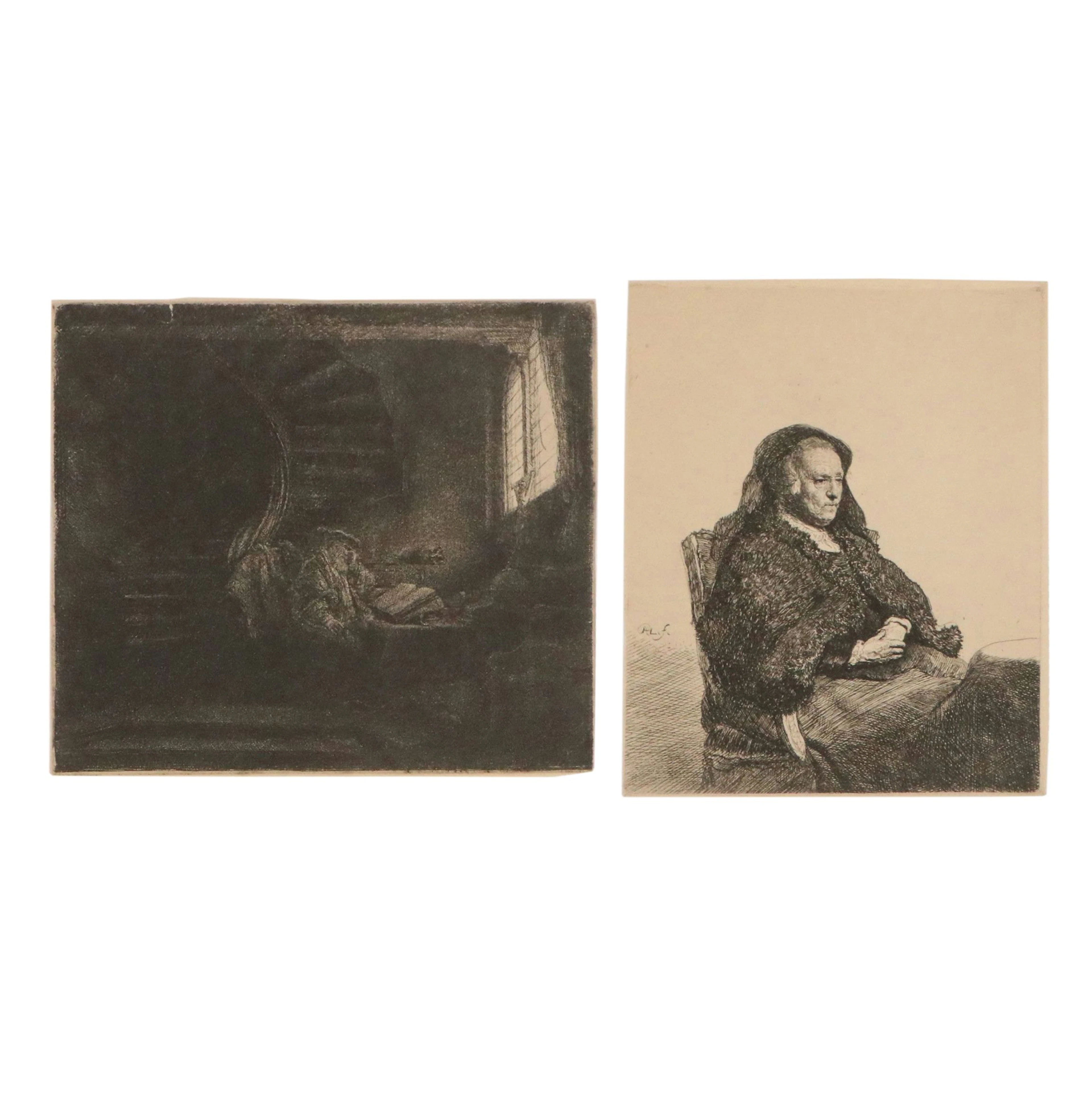 Restrike Etchings after Rembrandt Van Rijn "St. Jerome," "The Artist's Mother"