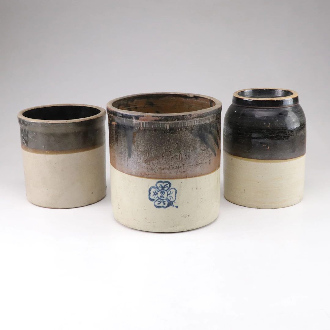 Miller Pottery 2-Gallon Stoneware Crock with Other Salt Glazed Crocks