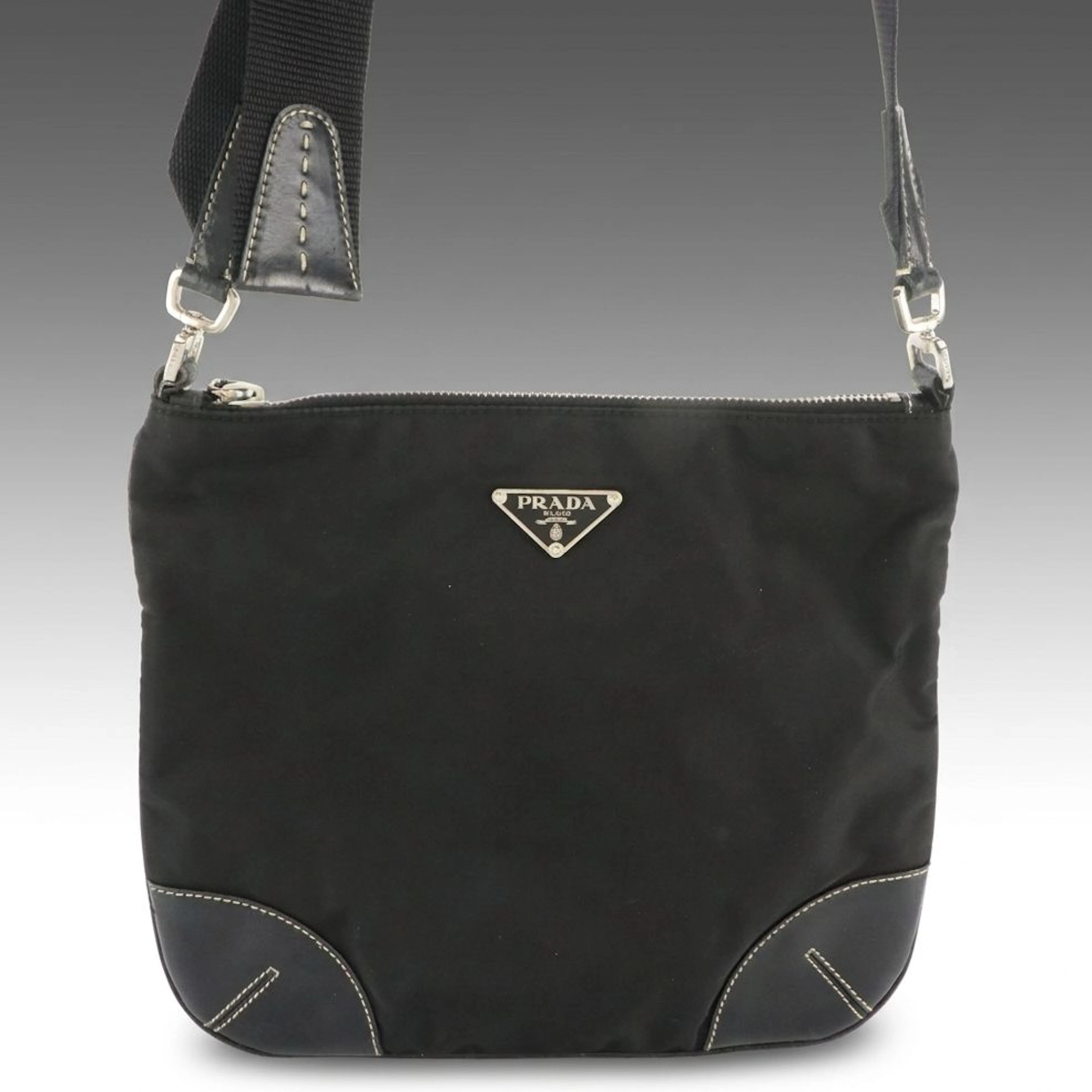 Prada Black Tessuto Nylon and Leather Triangular Logo Plaque Crossbody Bag