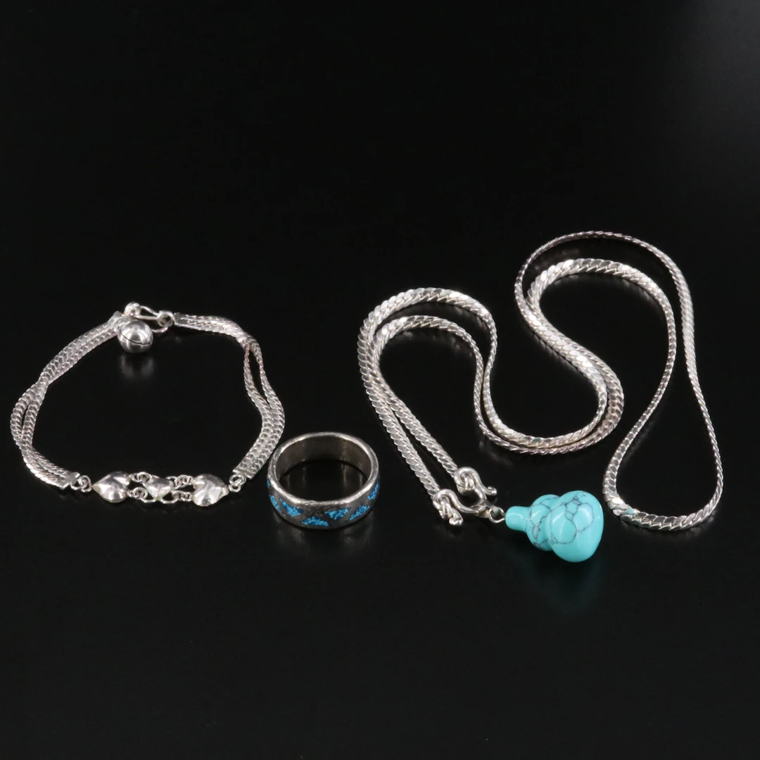 Sterling Necklace and Bracelet with Turquoise Gourd Pendant and Stone