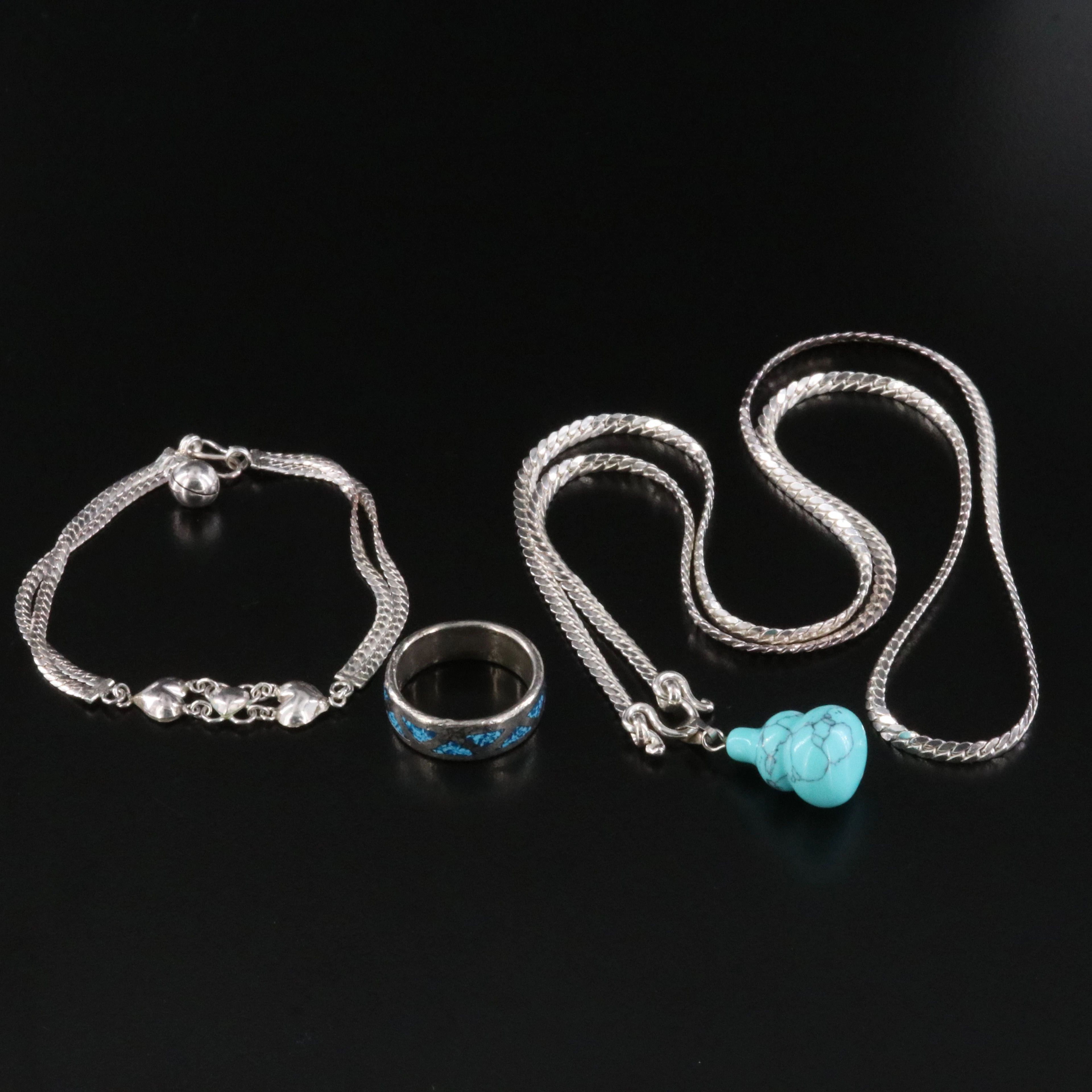 Sterling Necklace and Bracelet with Turquoise Gourd Pendant and Stone