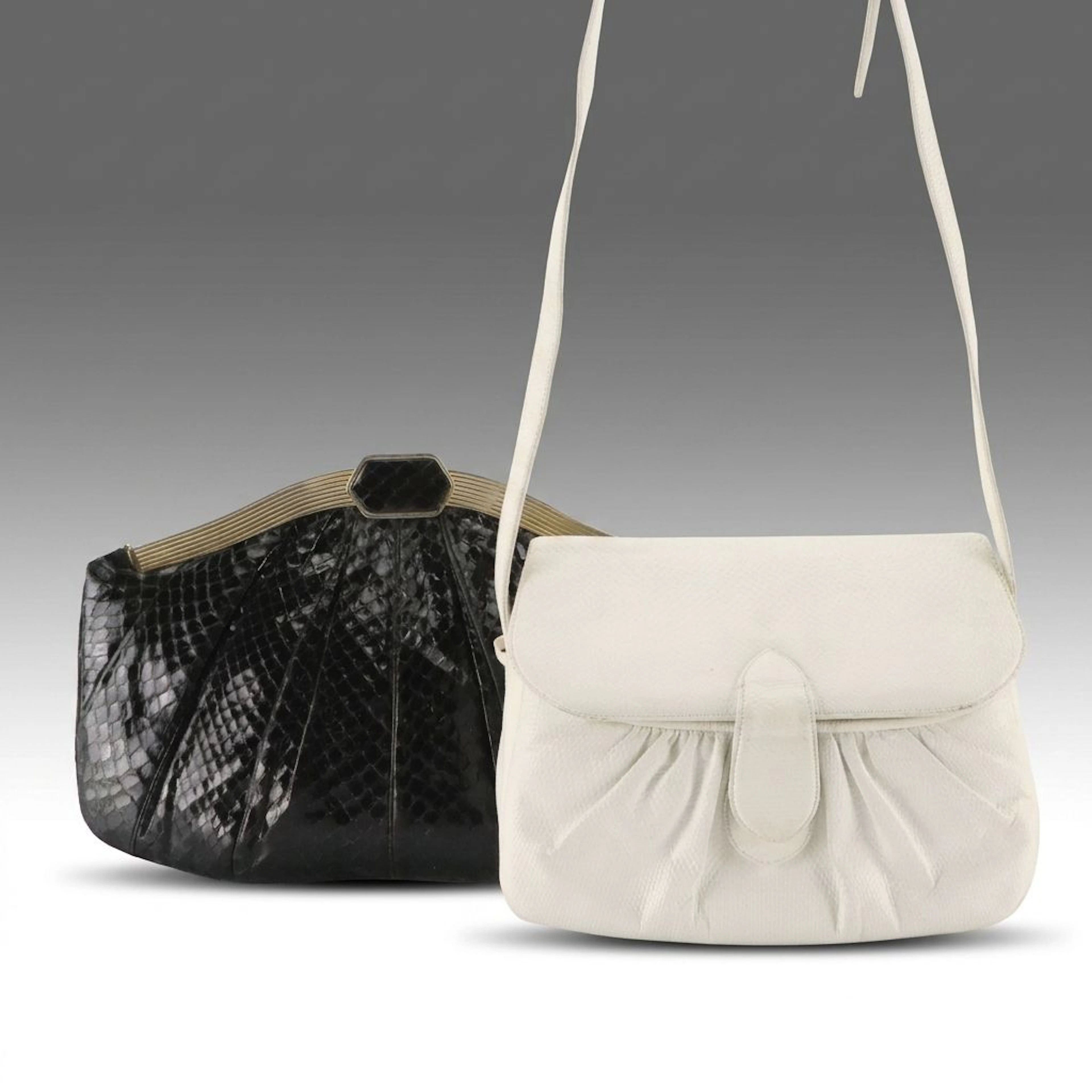 Judith Leiber Black Pleated Snakeskin Clutch & White Lizard Skin Shoulder Bag