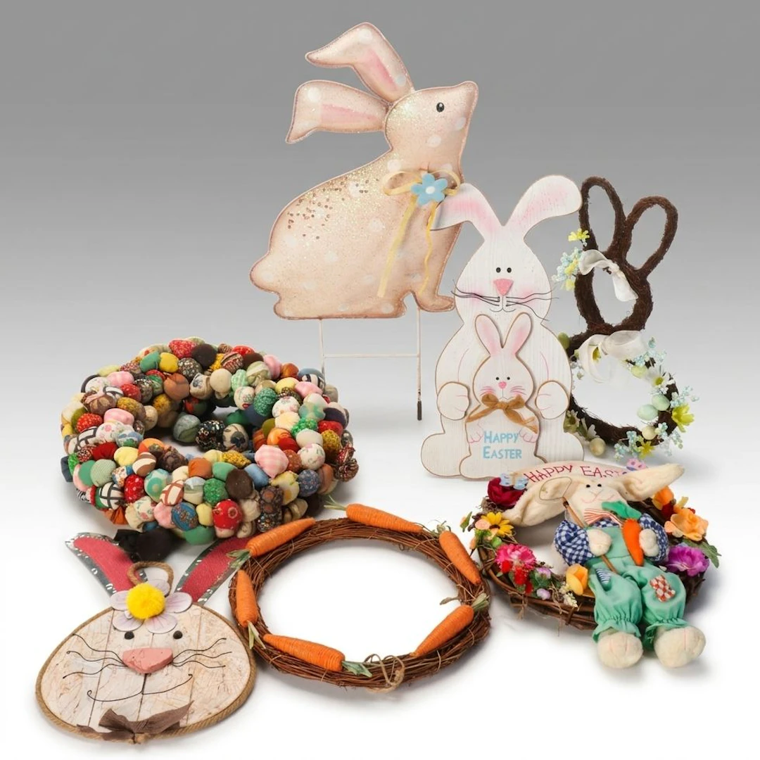 Handcrafted Rag Ball Wreath with More Easter-Themed Decorations