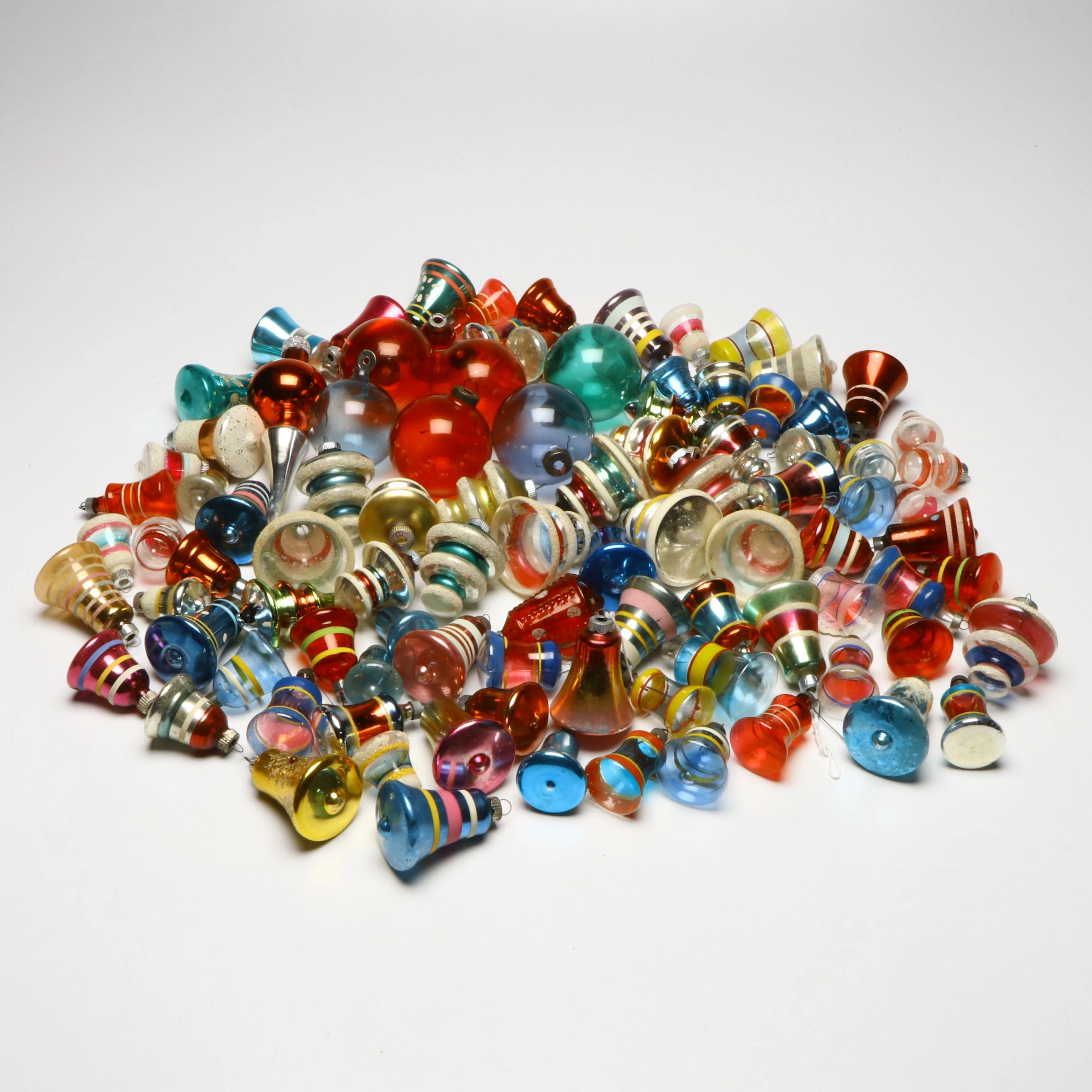 Shiny Brite Bell, Spinning Top and More Glass Ornaments, Mid-20th Century