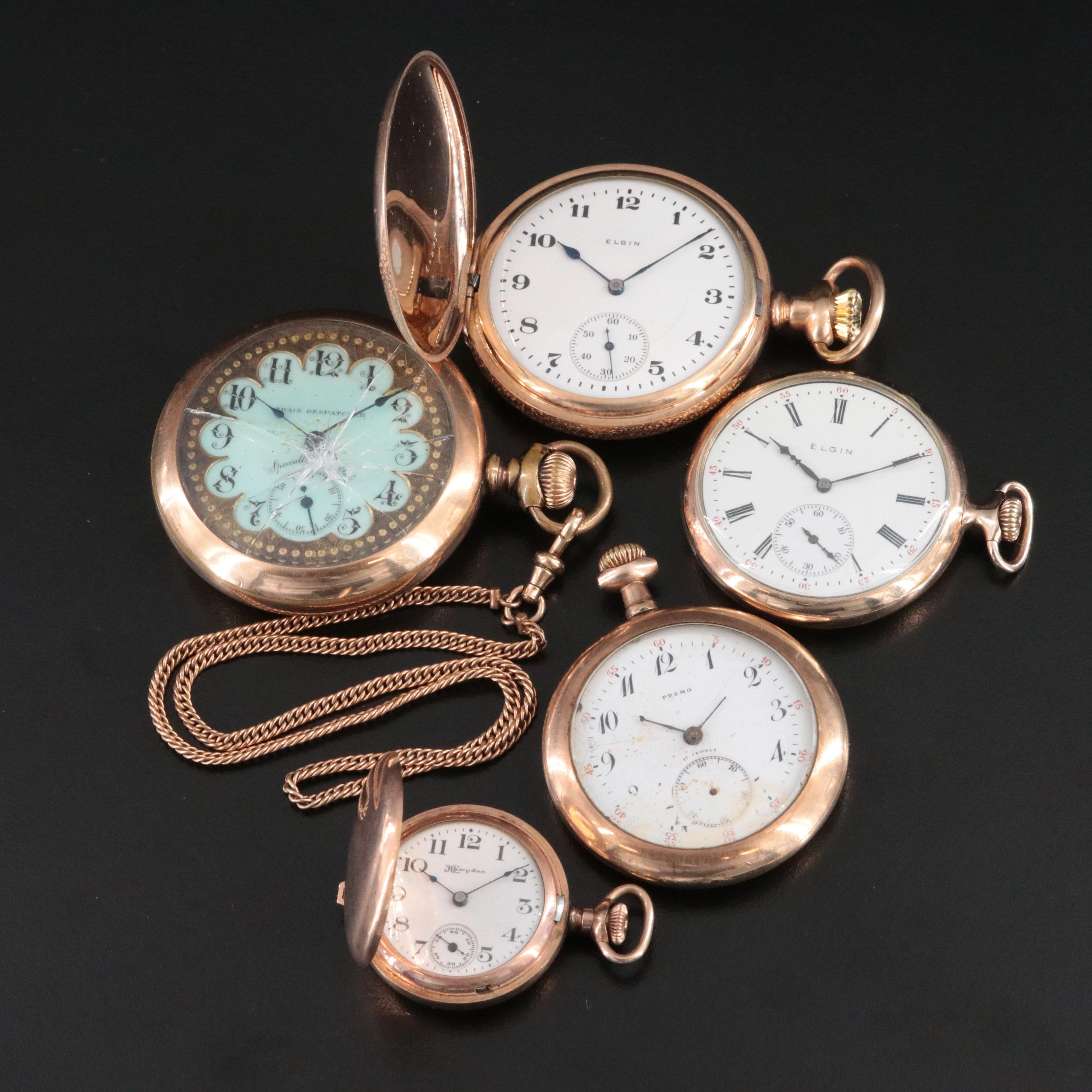 Collection of Gold-Filled Pocket Watches Featuring Elgin and Hampden