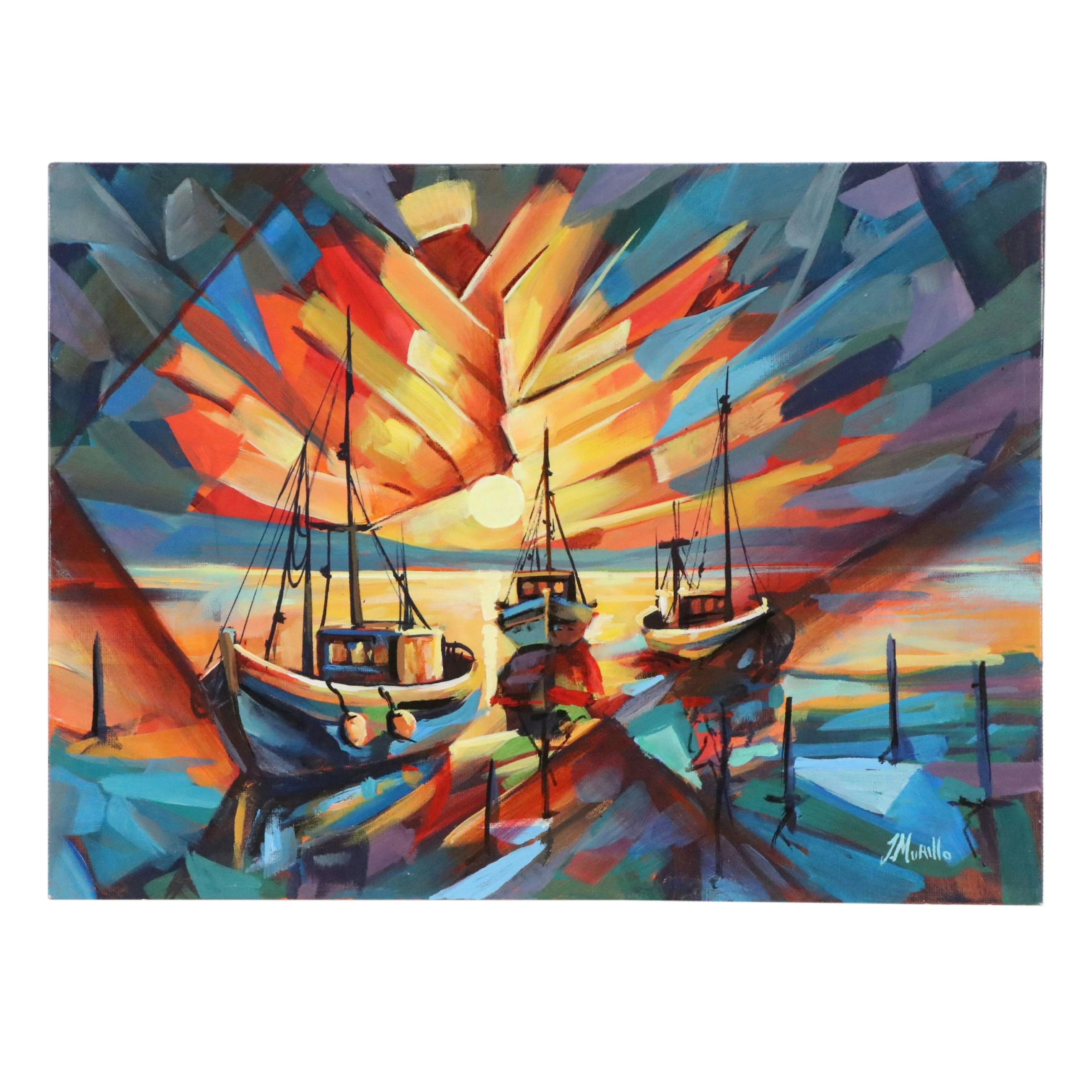 Jeshua Murillo Expressionist Acrylic Painting of Fishing Boats at
