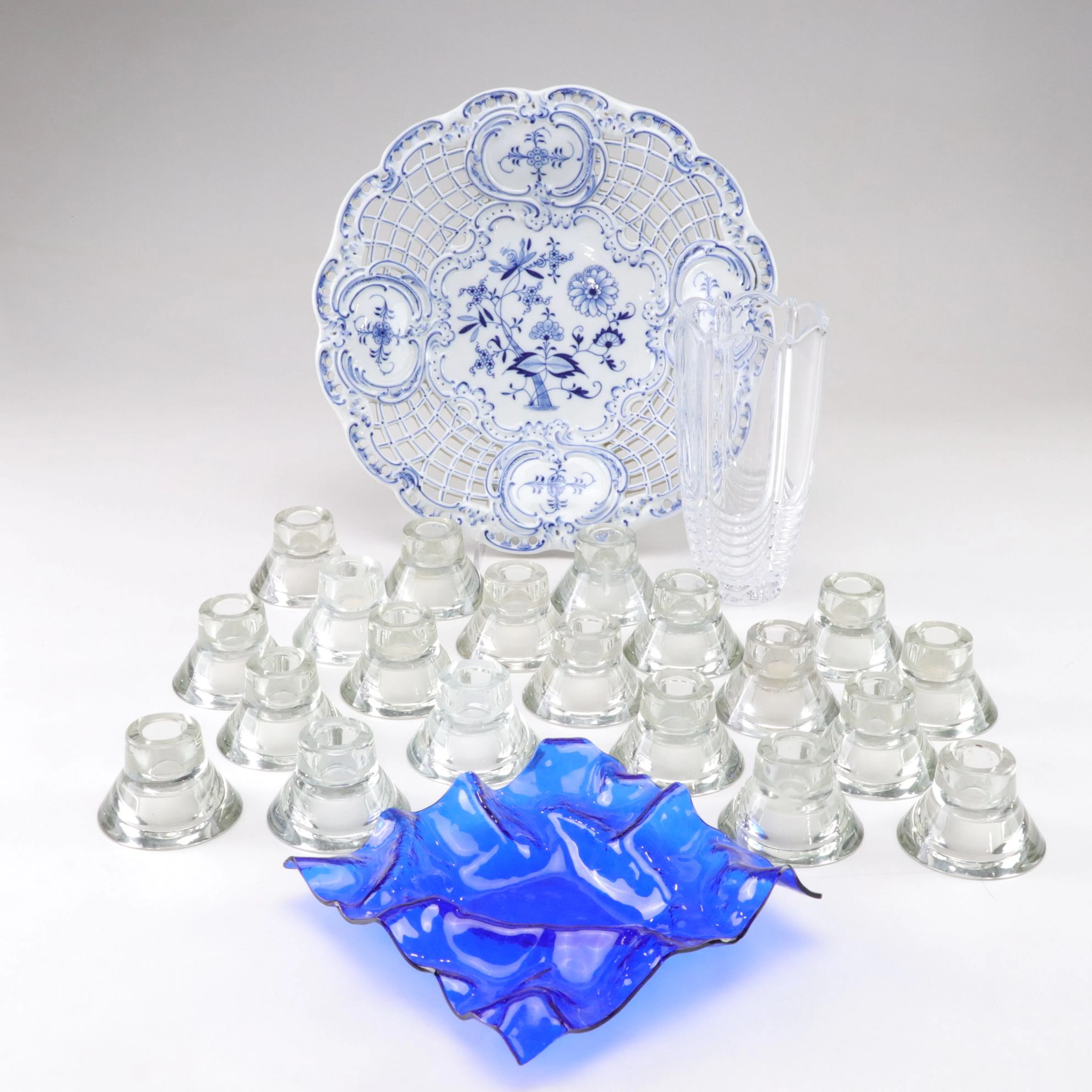 Meissen "Blue Onion" Reticulated Lace Platter, Czech Crystal Vase & More