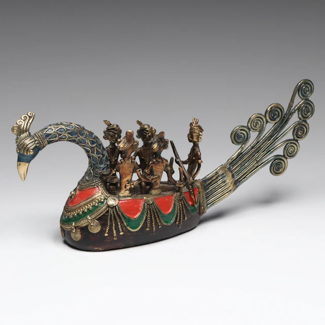 Dhokra Style Enameled Brass Peacock Boat Sculpture, 20th Century