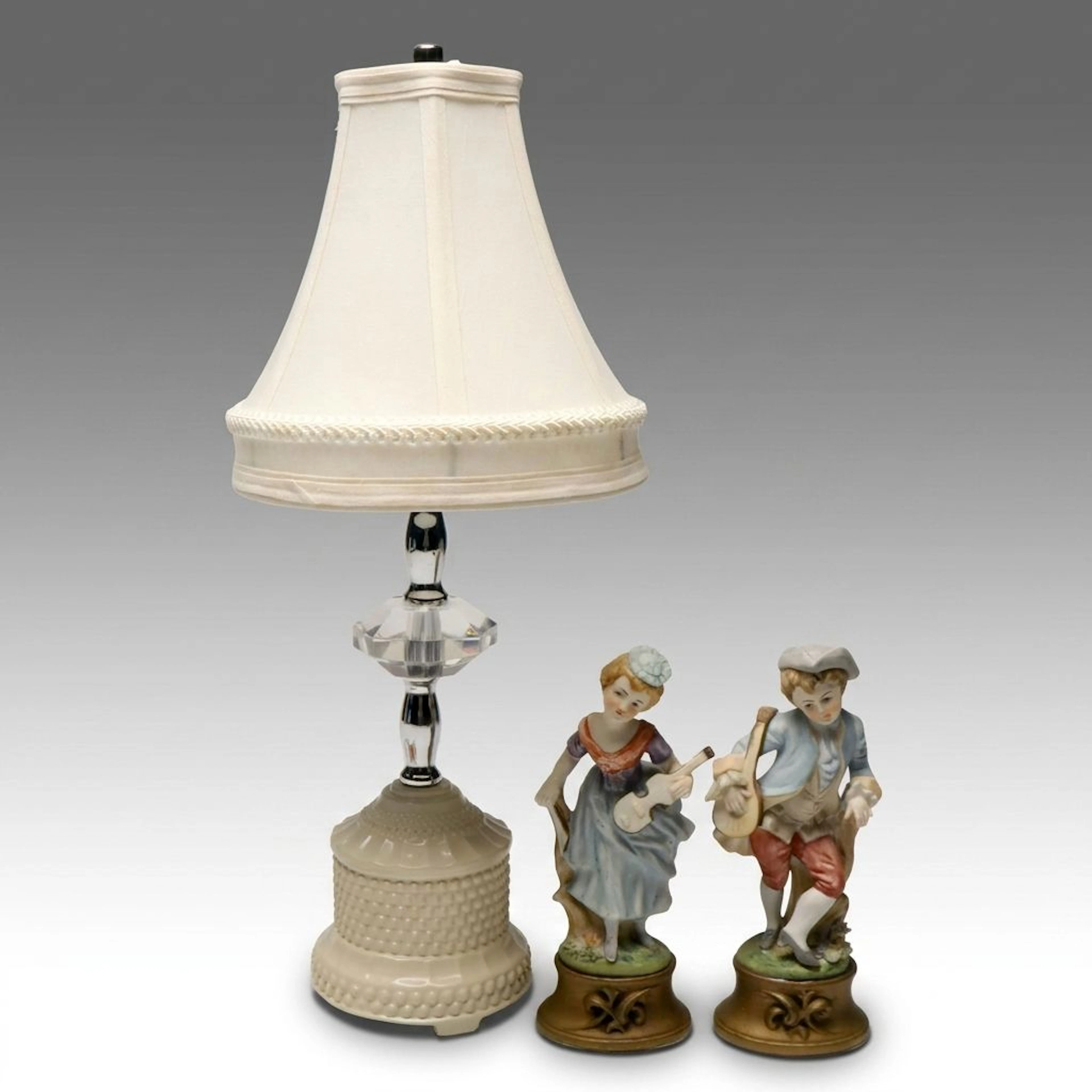 Victorian Style Bisque Porcelain Musician Figurines with Table Lamp