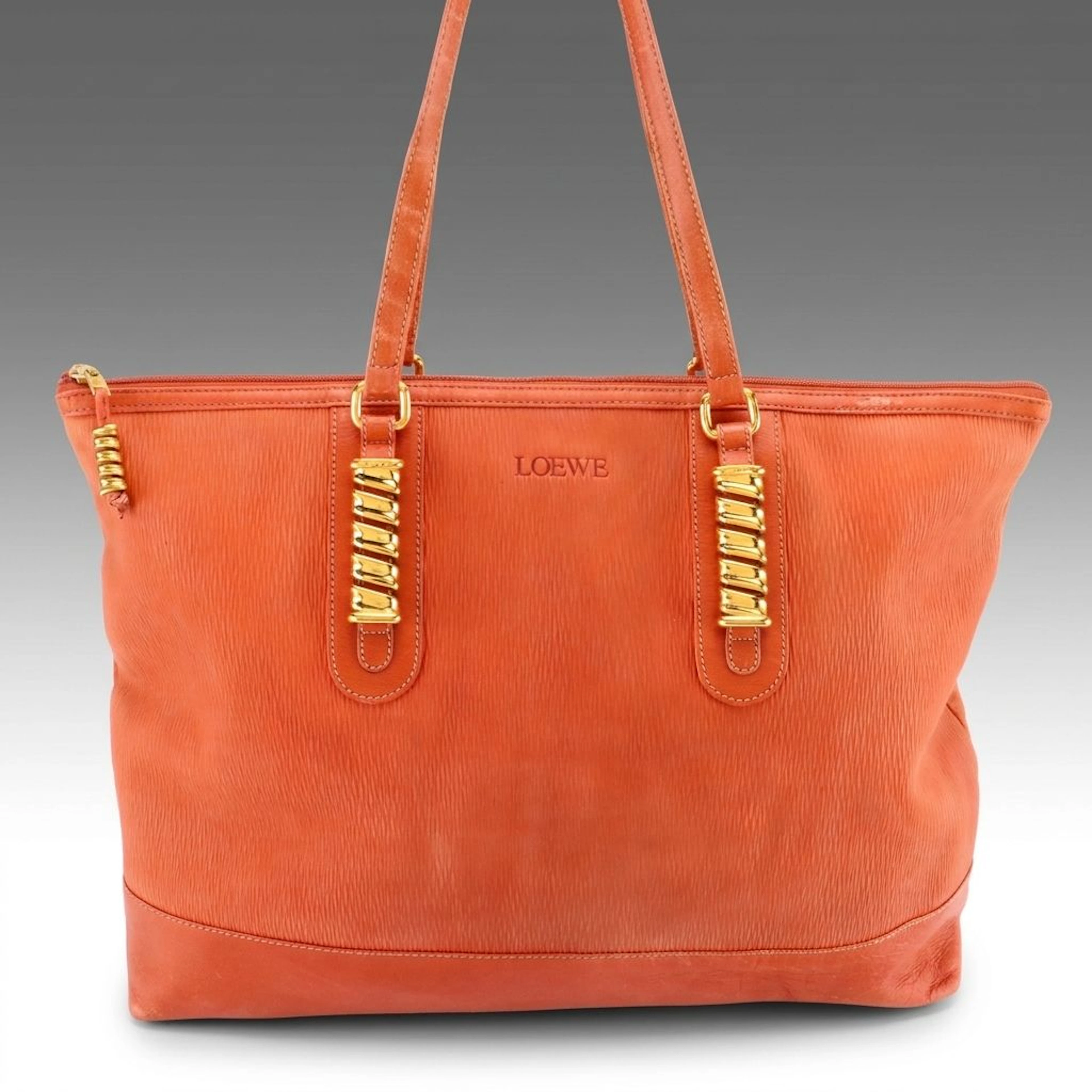 Loewe Velázquez Zippered Tote Bag in Orange Textured Leather