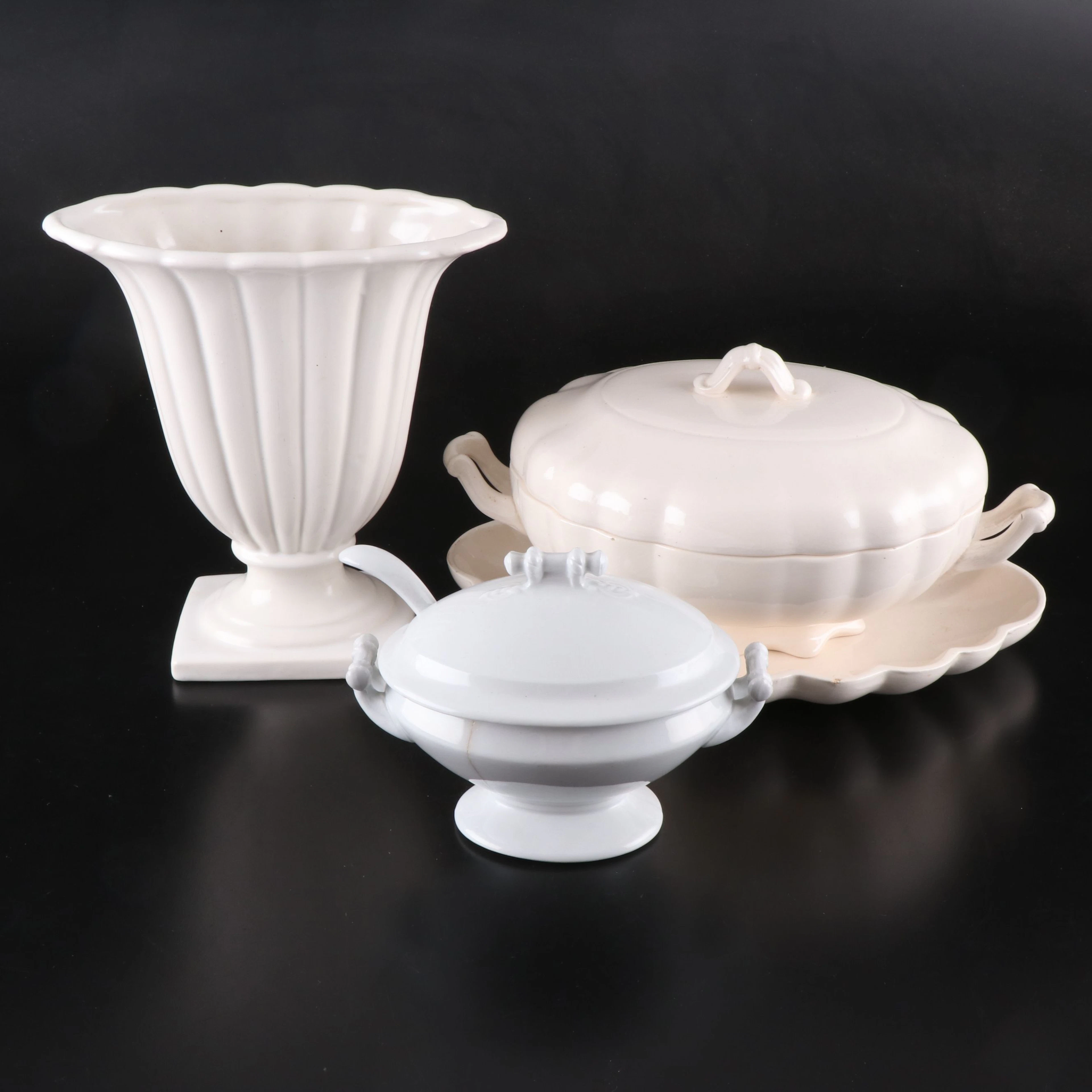Scalloped Edge Covered Tureen with Vase and Other Ceramic Table Accessories