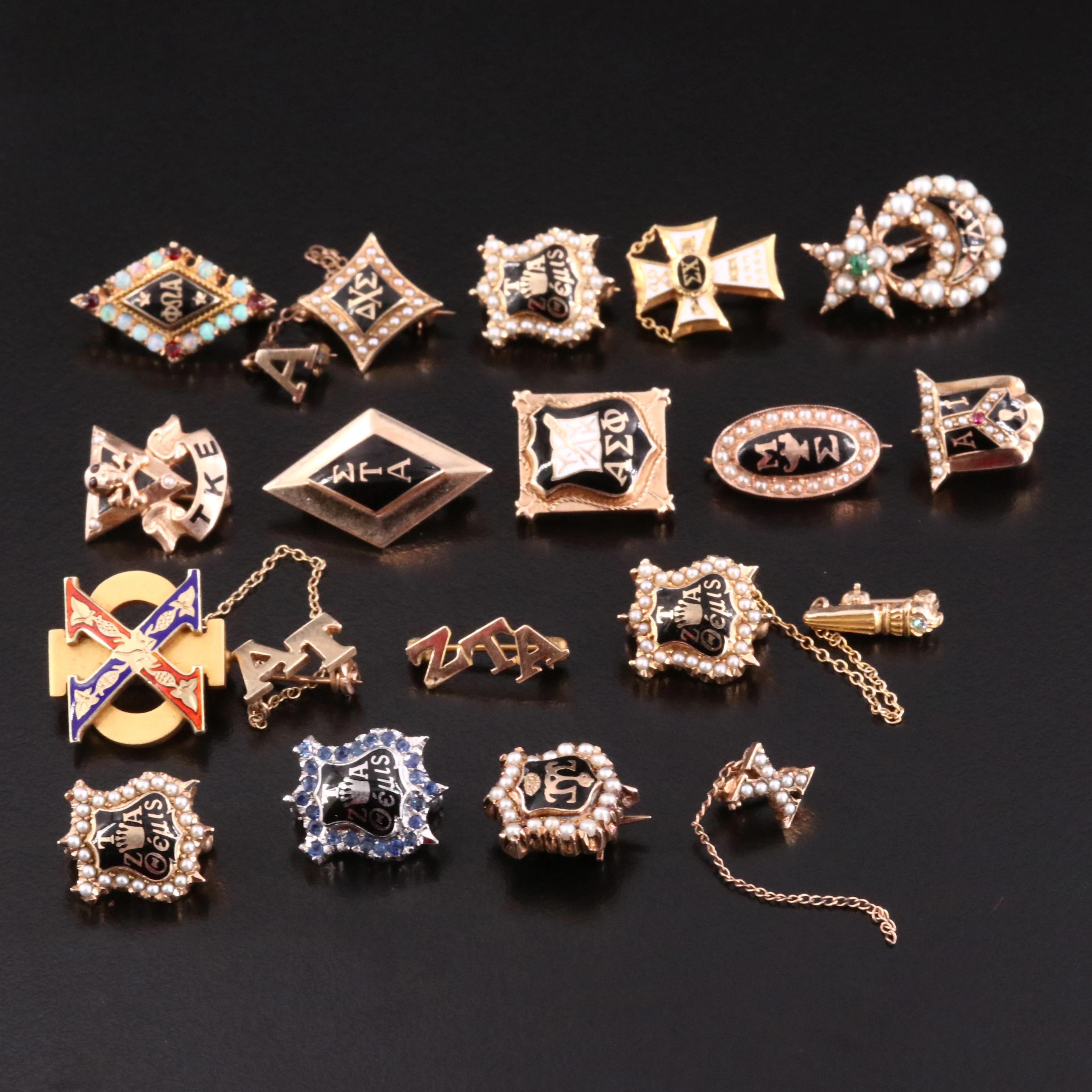 10K & 14K Fraternal Pin Collection Including Pearl, Opal and Garnet