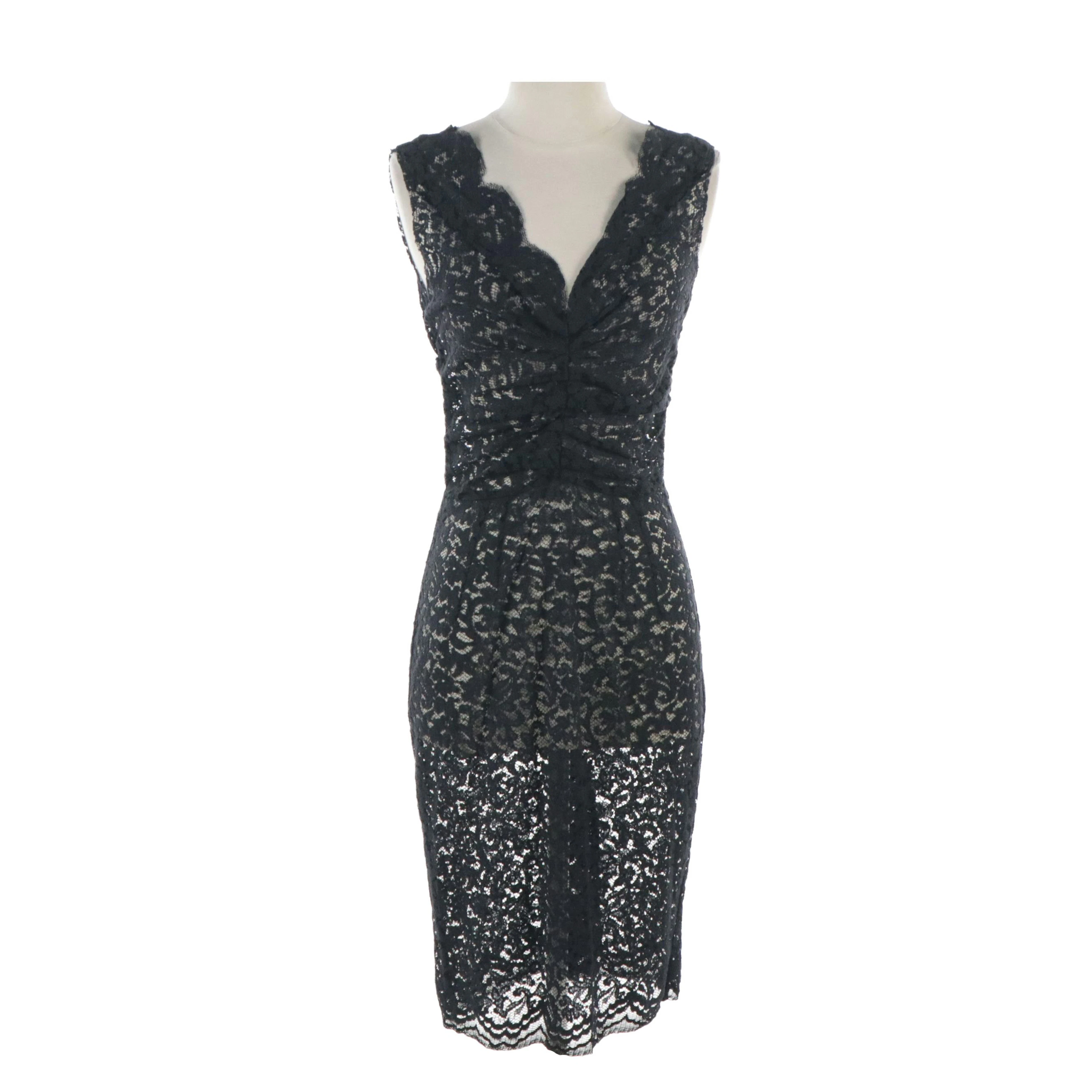 Dolce & Gabbana Sleeveless Ruched Front Dress in Navy and Black Sheer Lace