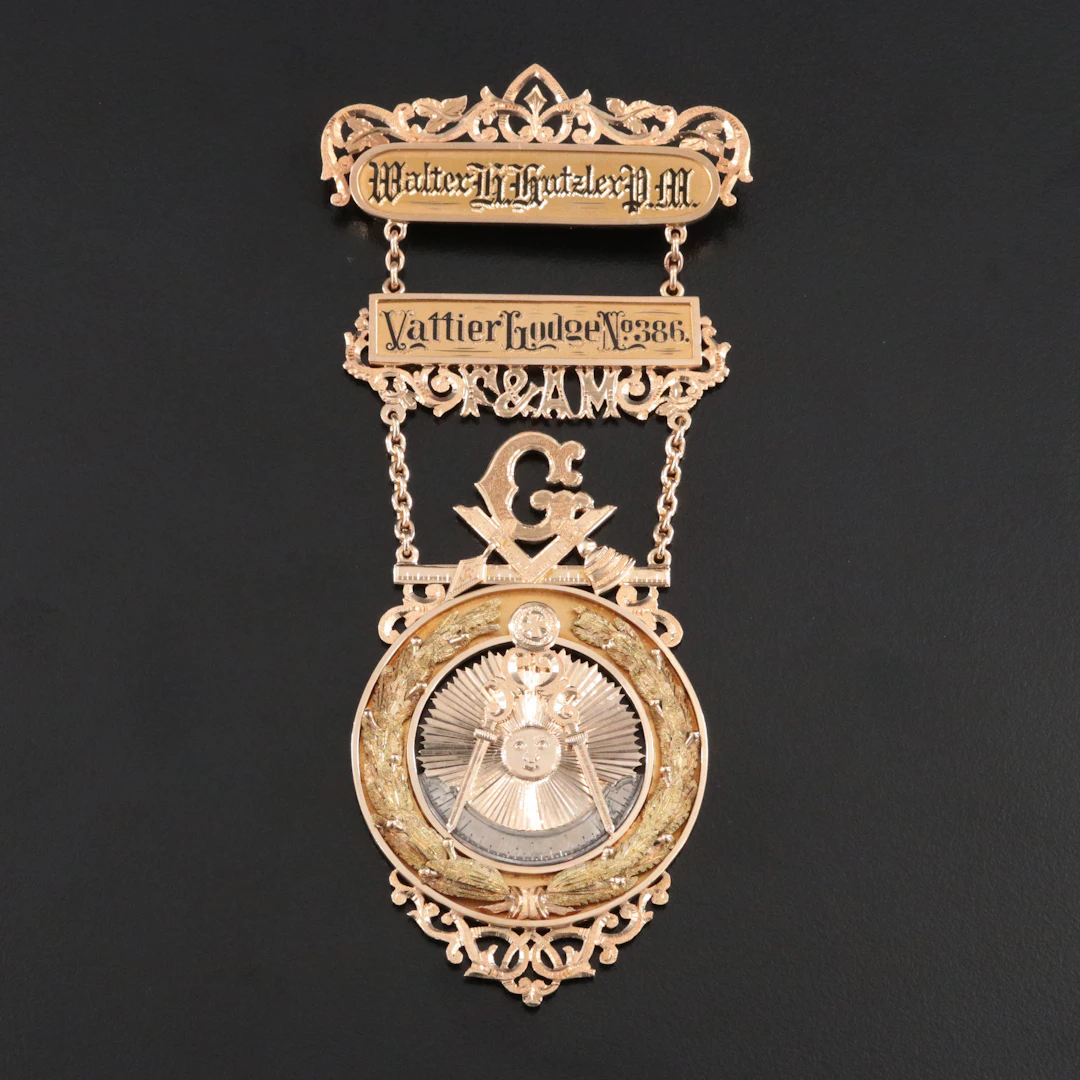 Antique Michie Brothers 14K Worshipful Master of Vattier Lodge Masonic Badge