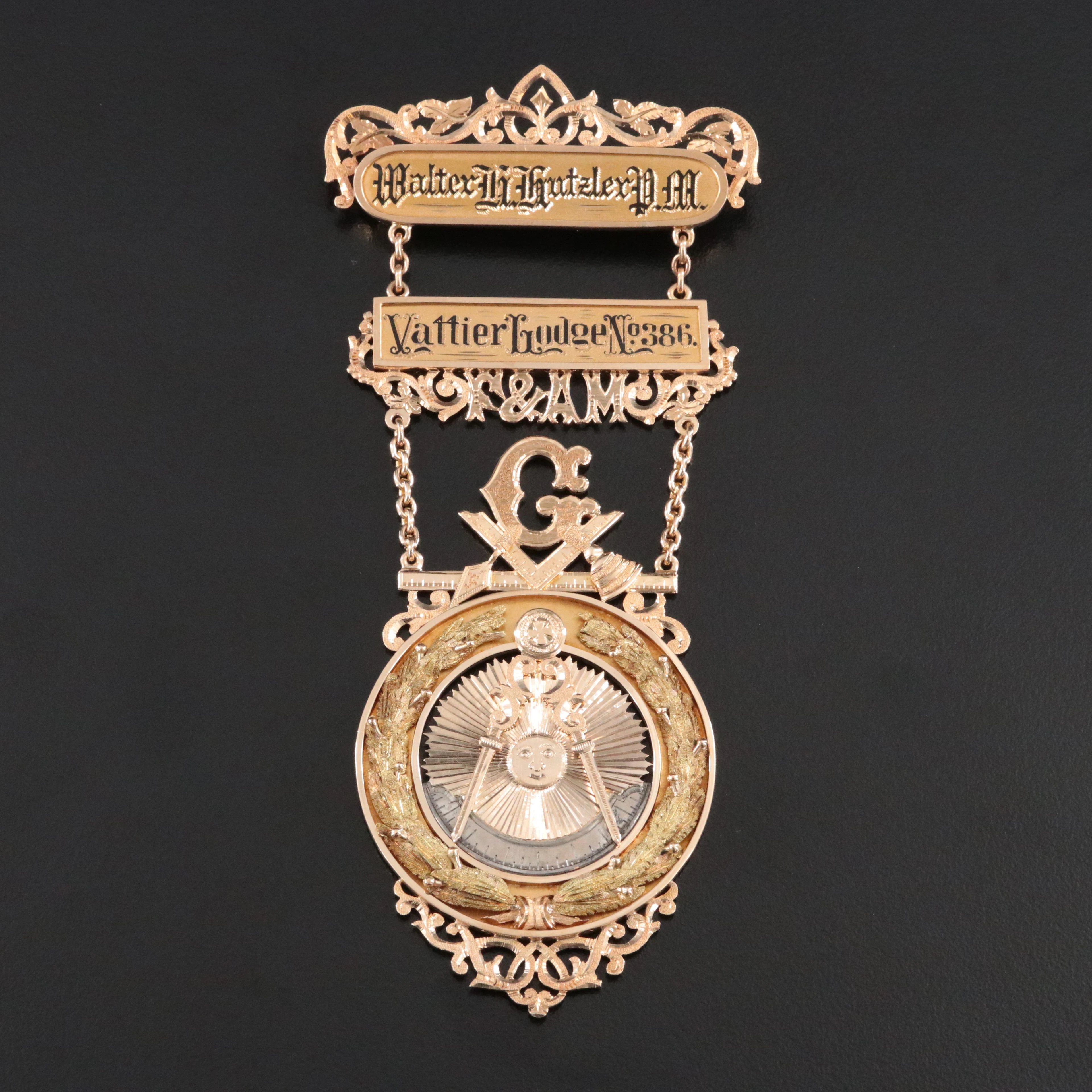 Antique Michie Brothers 14K Worshipful Master of Vattier Lodge Masonic Badge
