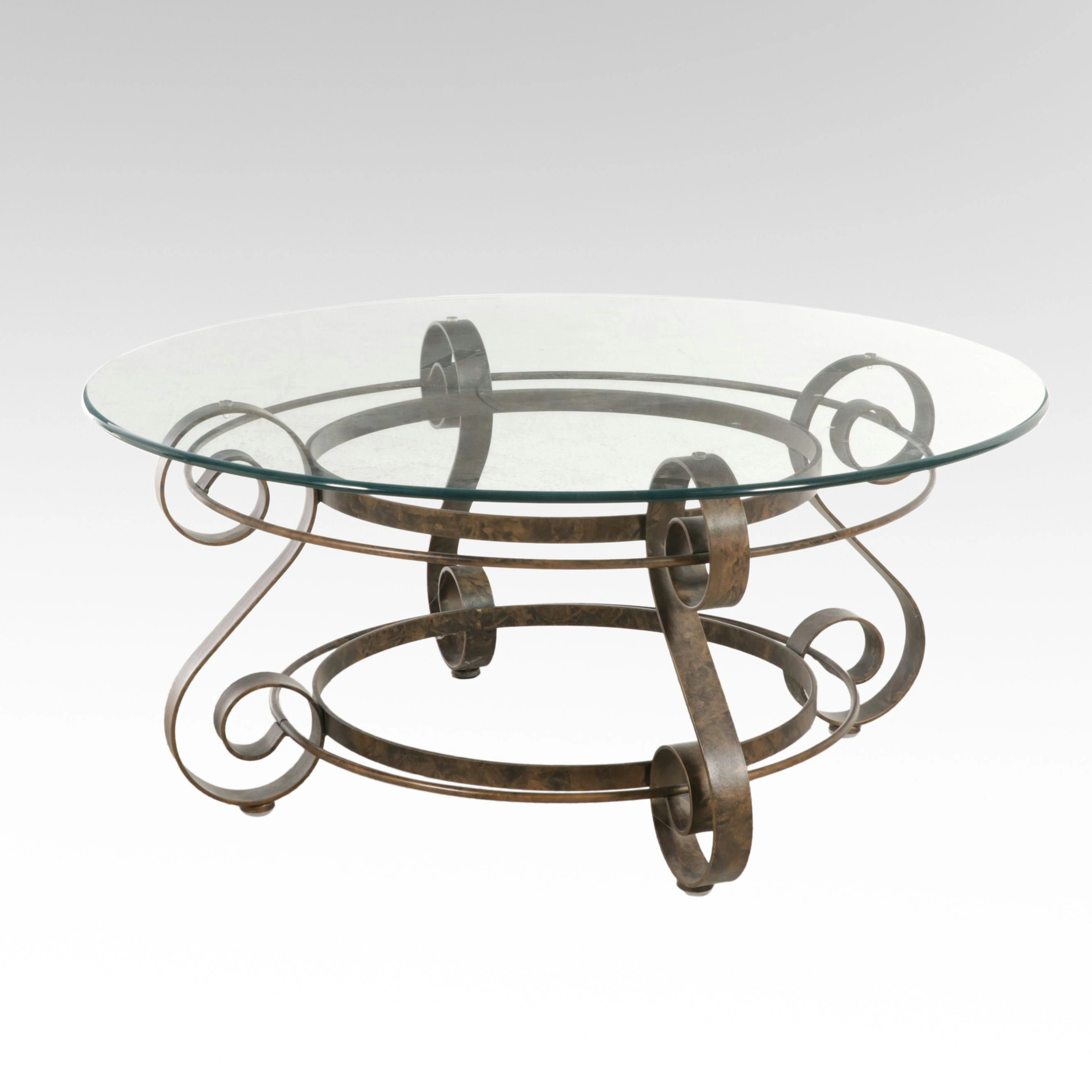 Round Glass Top Scrolled Metal Cocktail Table