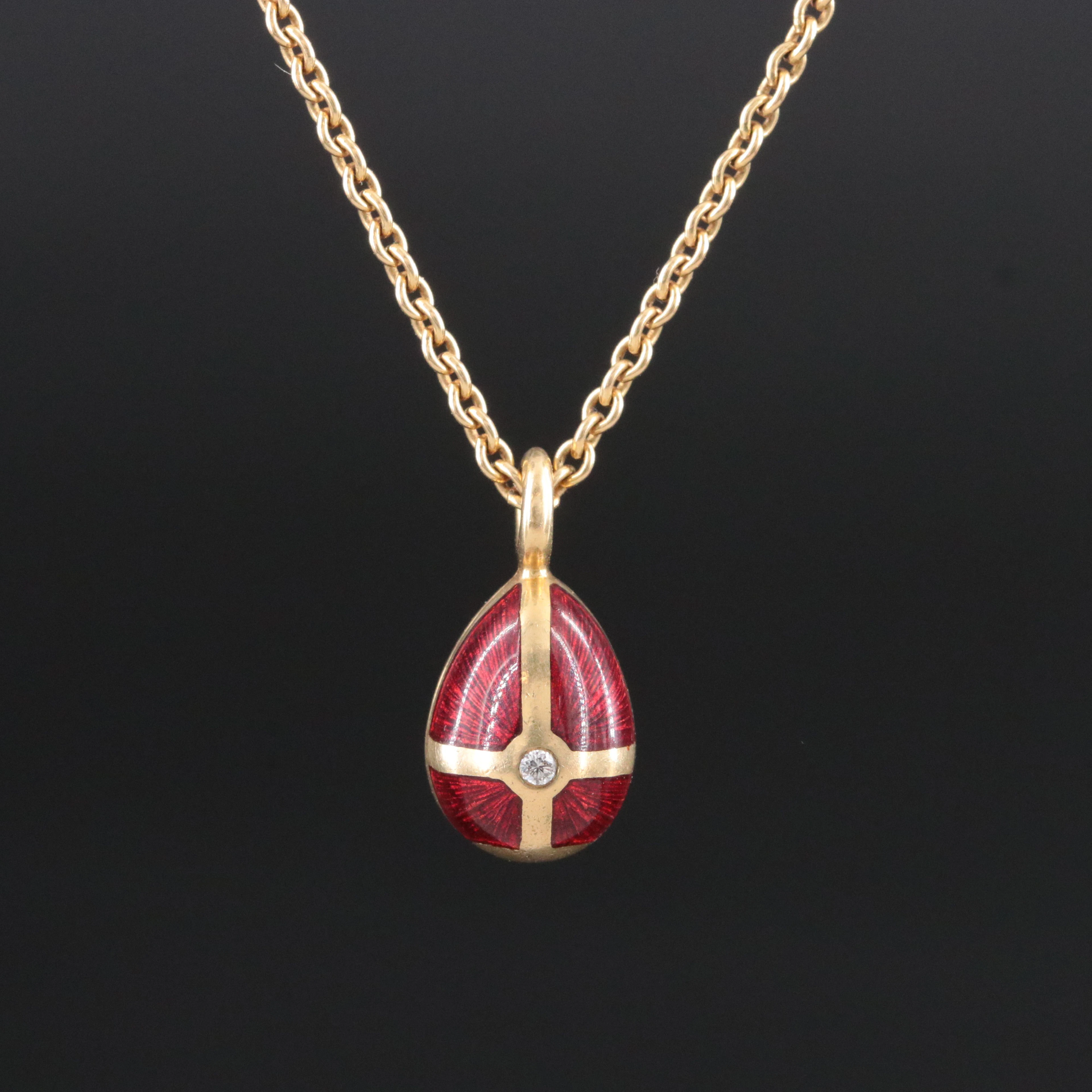 Fabergé 18K 0.01 CT Diamond Red Guilloché Enamel Mini Egg Necklace