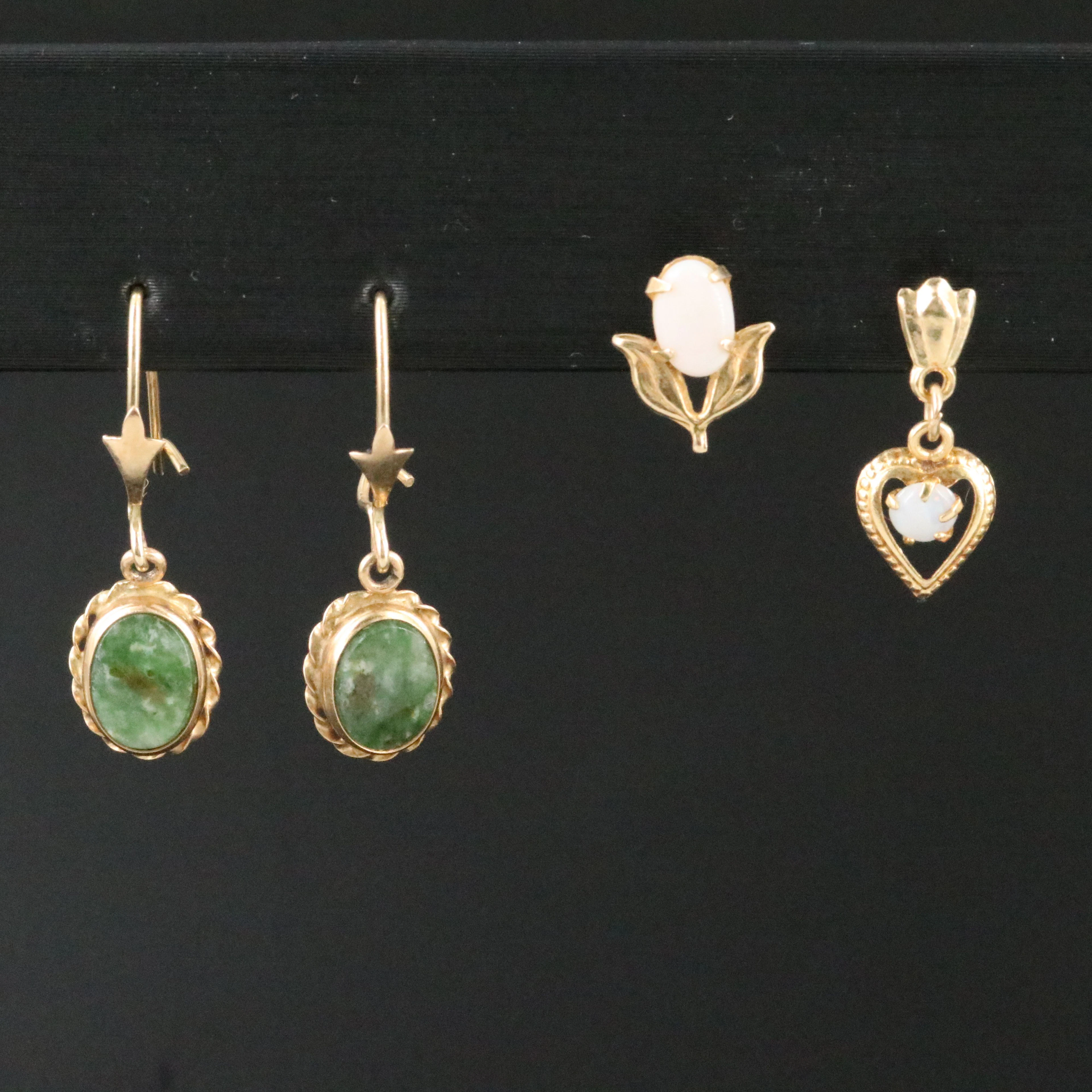 14K Serpentine Pendant Earrings and Opal Single Earrings