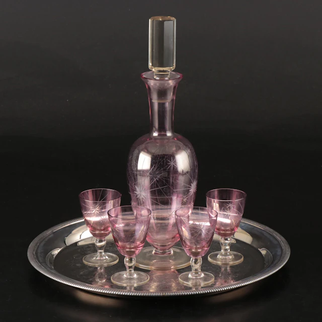 Wm. Rogers Silver Plate Tray with Star Glass Cordials and Decanter