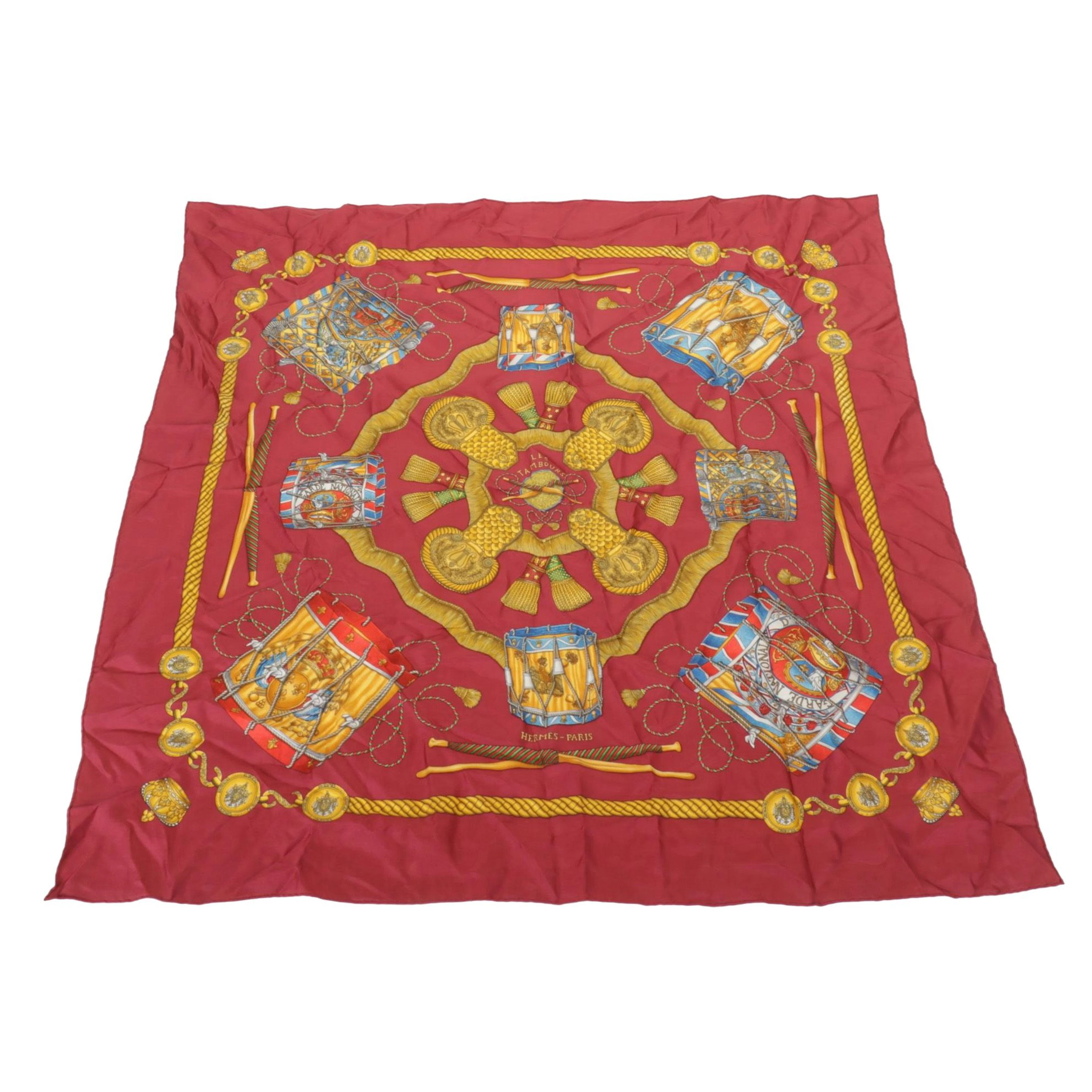 Hermès "Les Tambours" Scarf 90 in Red Silk Twill