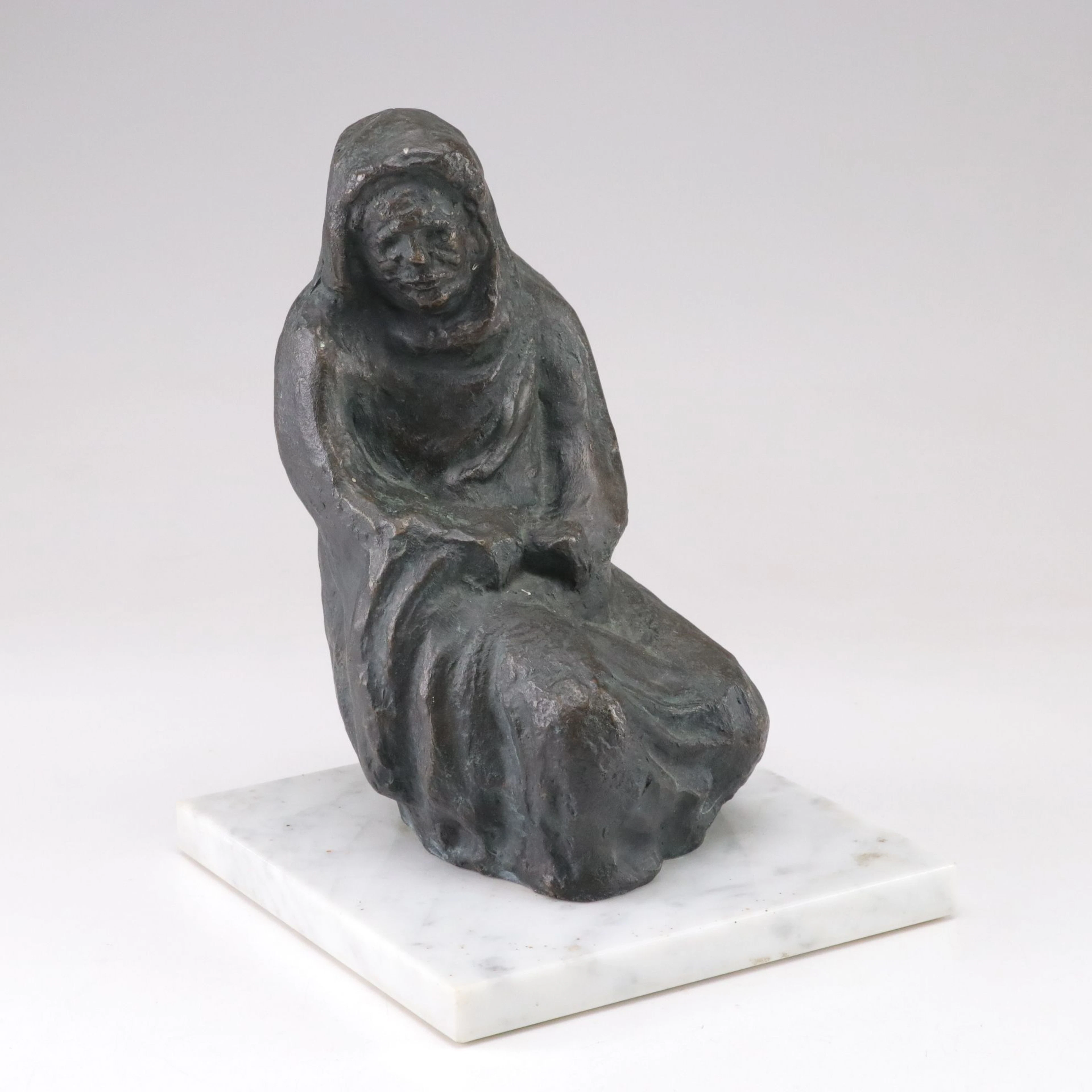 Cast Bronze Sculpture of Draped Seated Figure on Marble Base, 20th C.