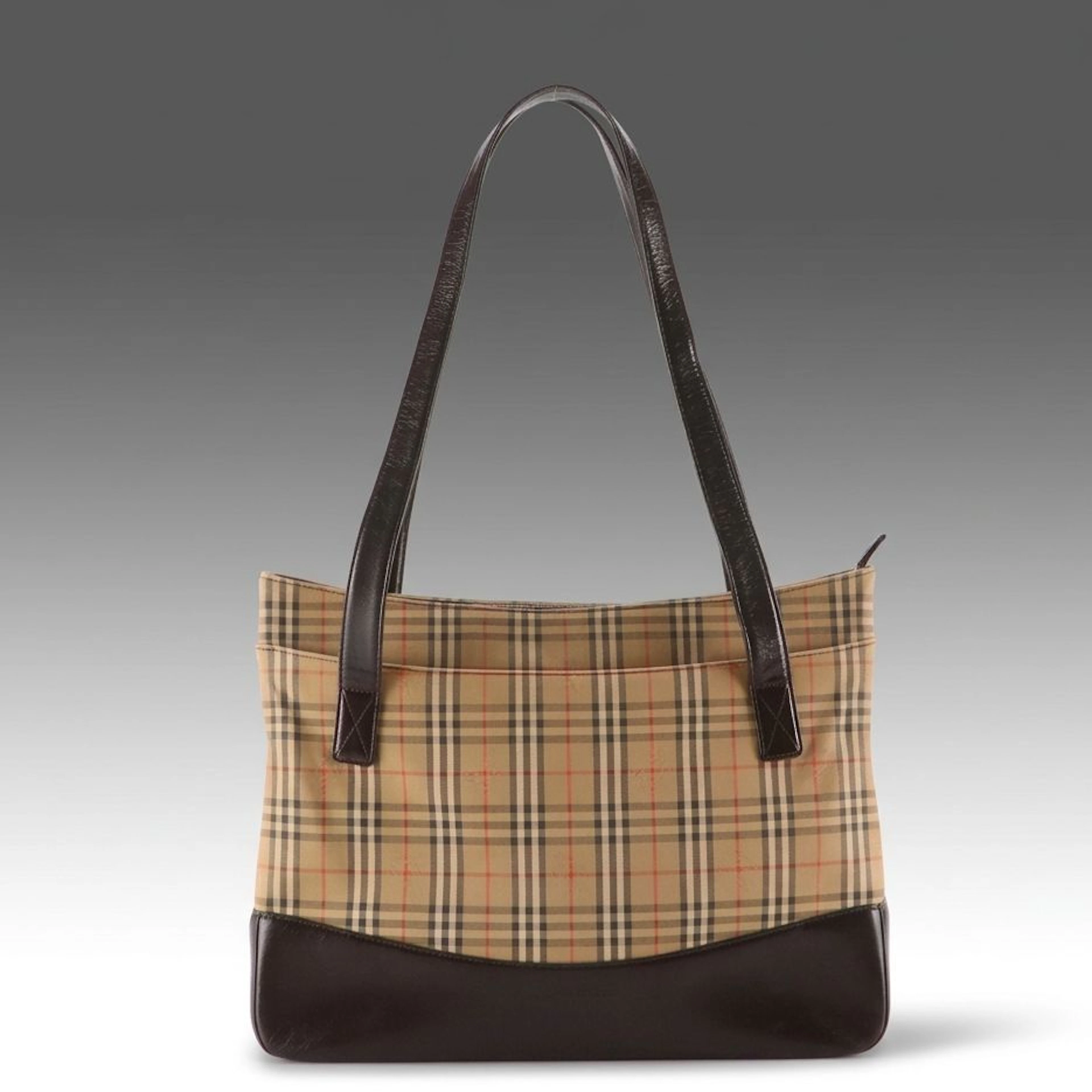 Burberry Zip Tote Bag in Haymarket Check Canvas and Dark Brown Saffiano Leather