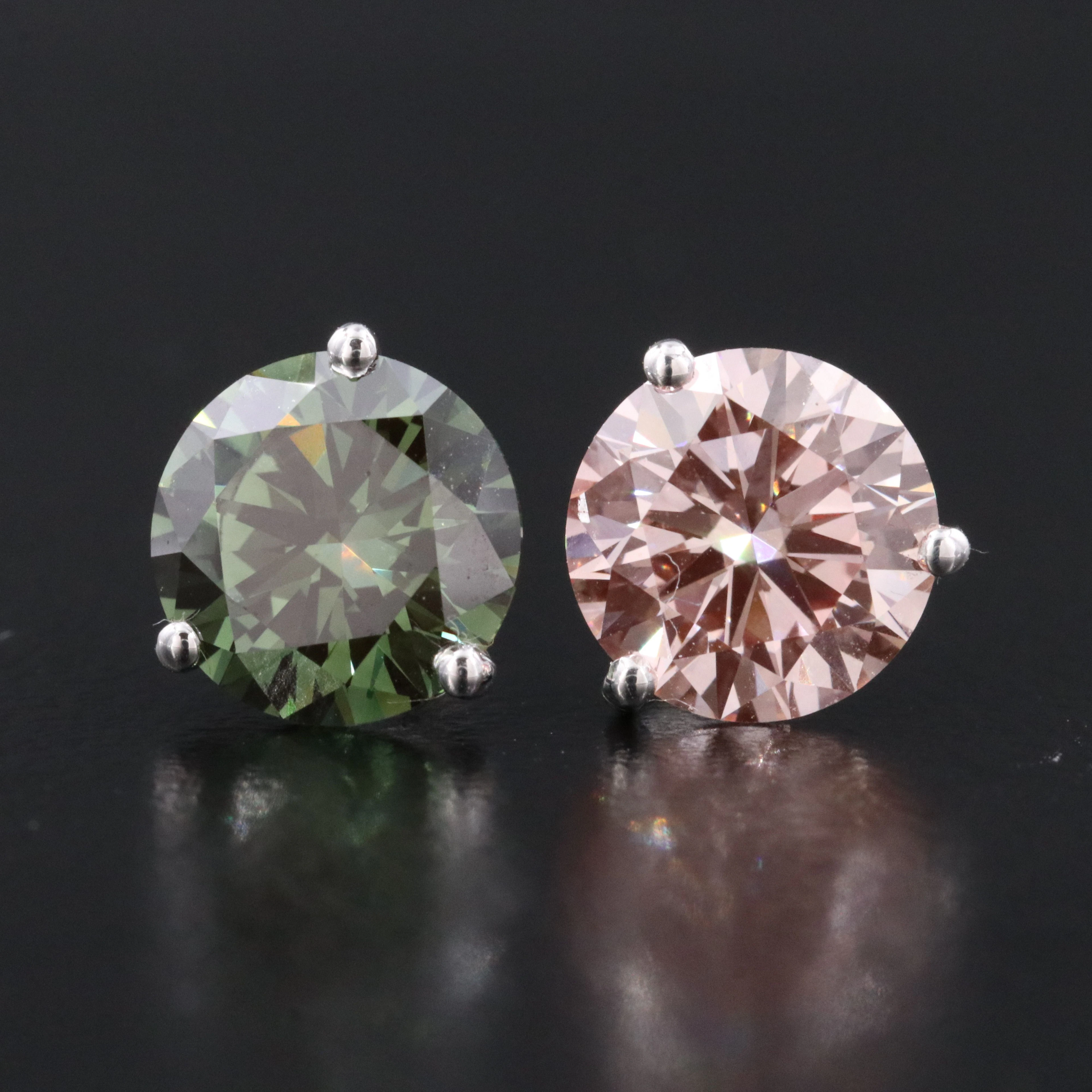 14K 3.83 CTW Lab Grown Fancy Pink & Vivid Green Diamond Earrings w/IGI Reports