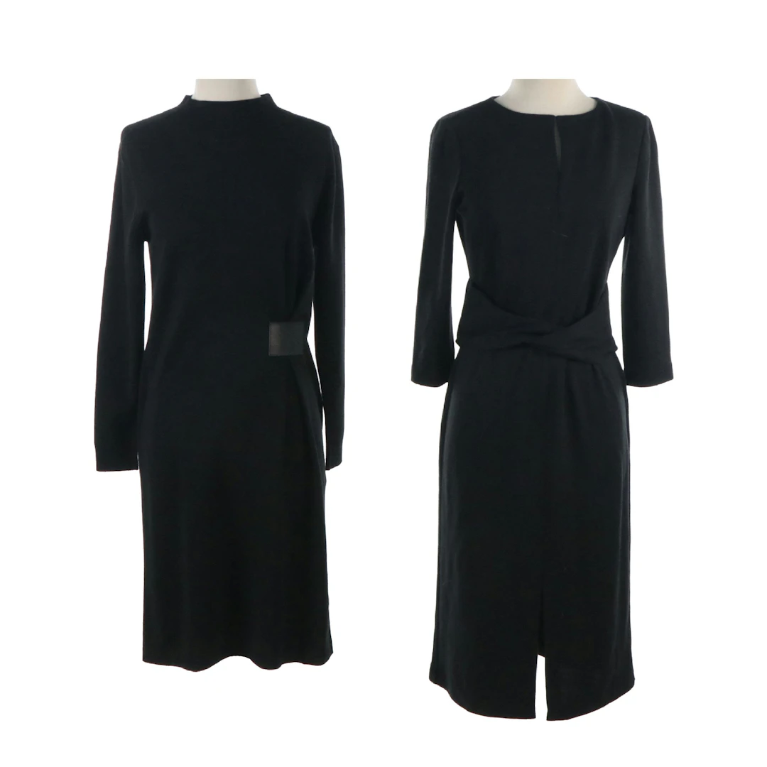 Lafayette 148 Black Wool Wrap Waist & Leather Accented Midi Dresses, With Tags