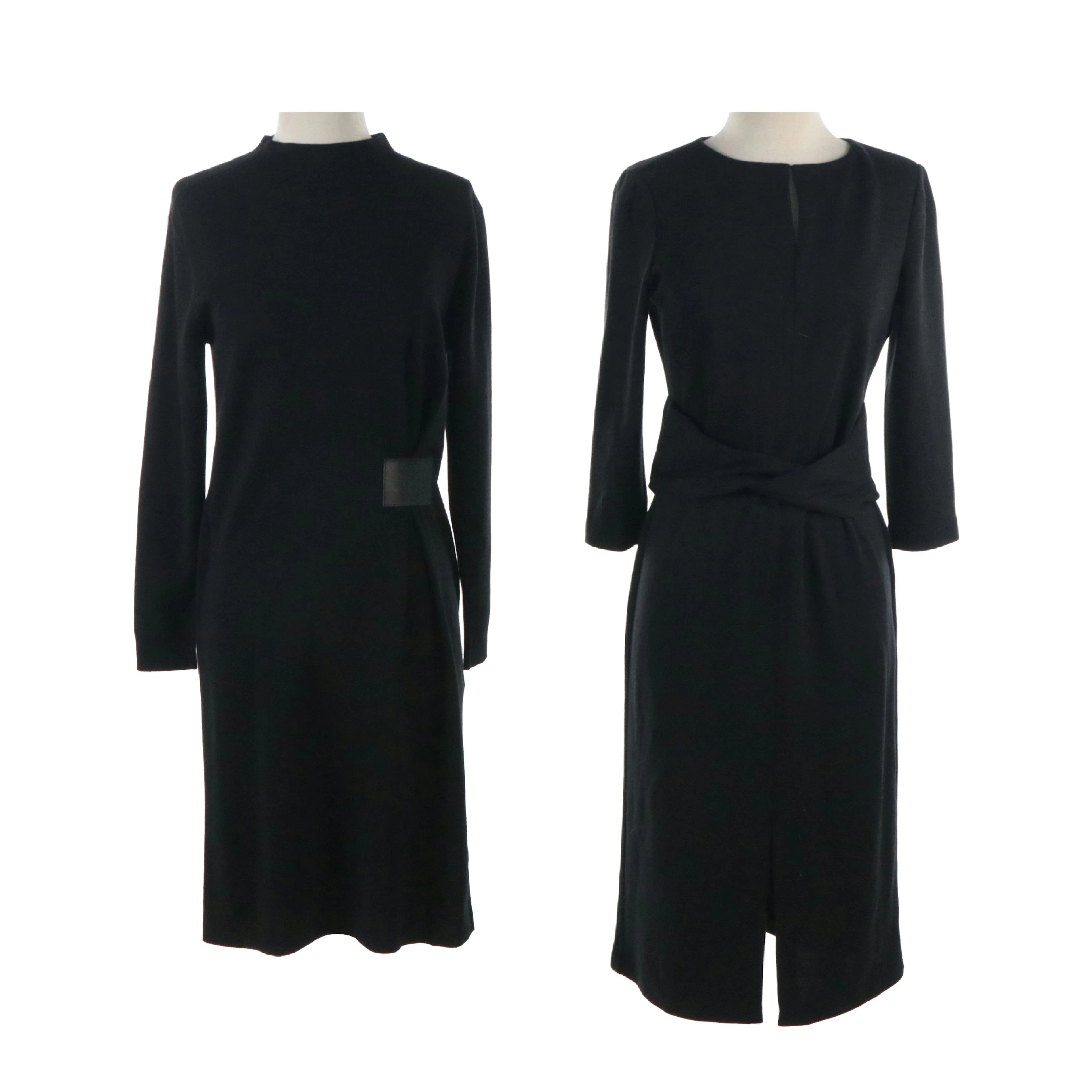 Lafayette 148 Black Wool Wrap Waist & Leather Accented Midi Dresses, With Tags
