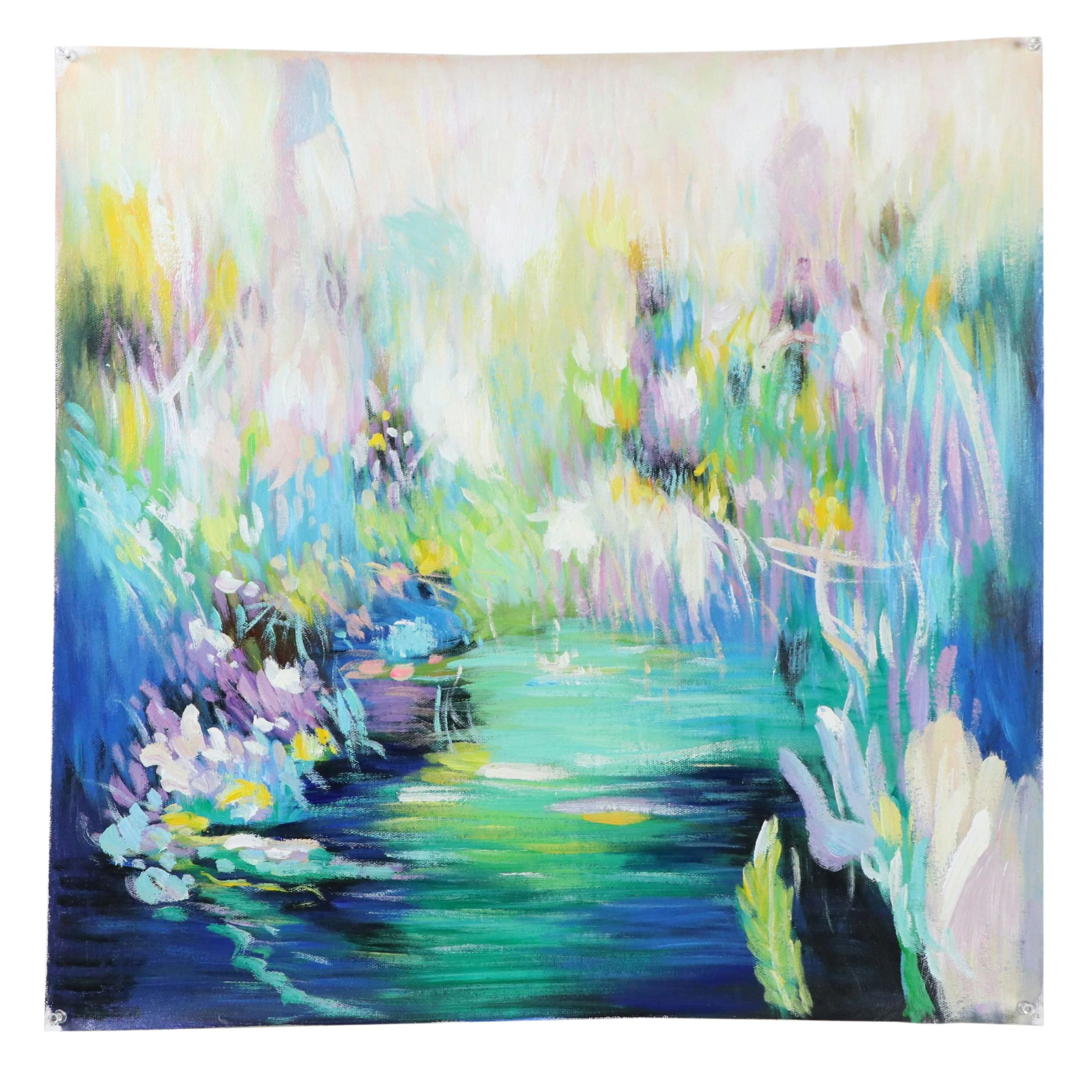 Z. Herg Impressionistic Oil Painting of Pond Landscape, 21st Century