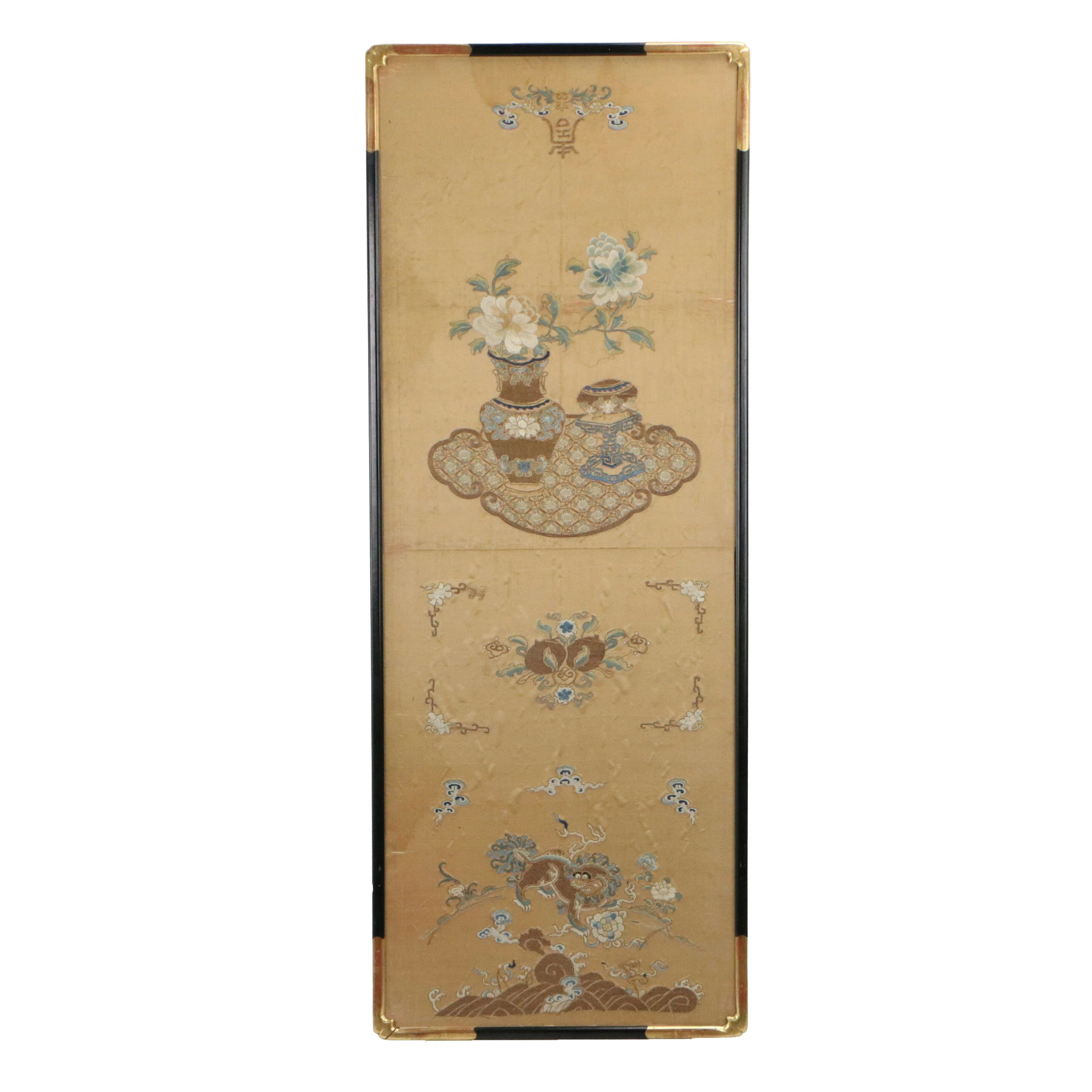 Chinese Embroidery Panel with Floral Still Life and Shishi