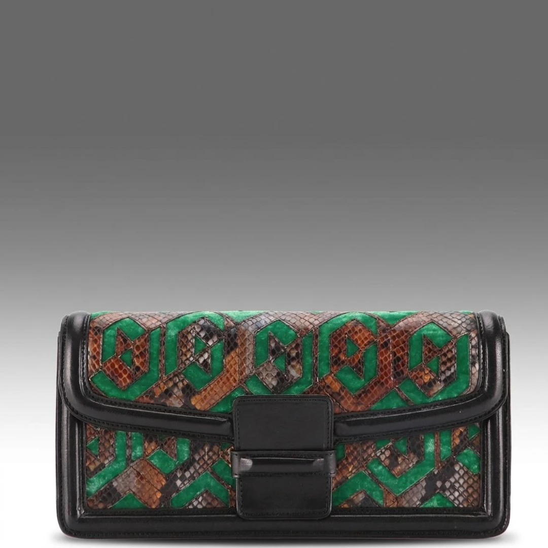 Dries Van Noten Leather, Velvet, and Python Embossed Leather Clutch