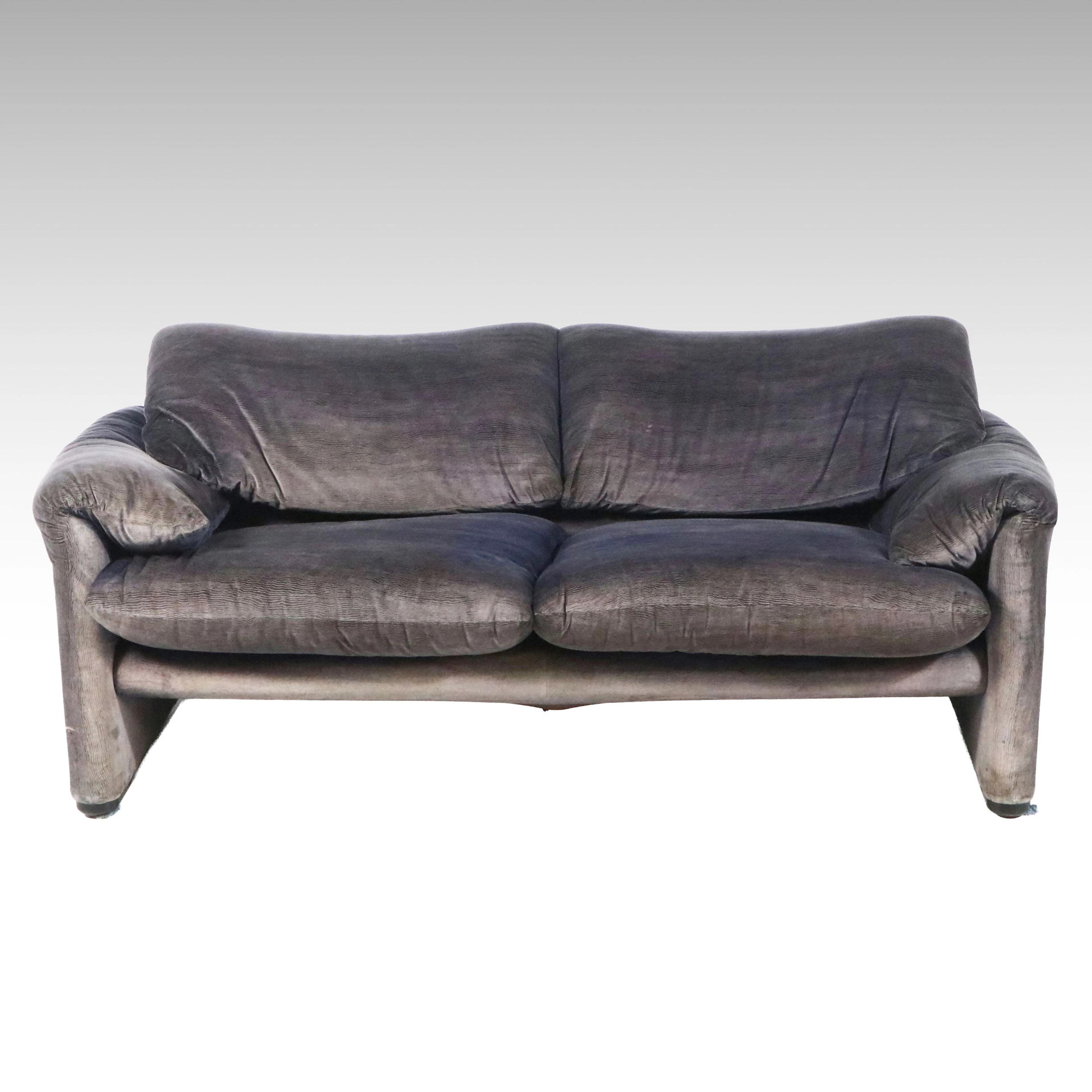 Vico Magistretti for Cassina "Maralunga" Indigo Velvet Upholstered Loveseat