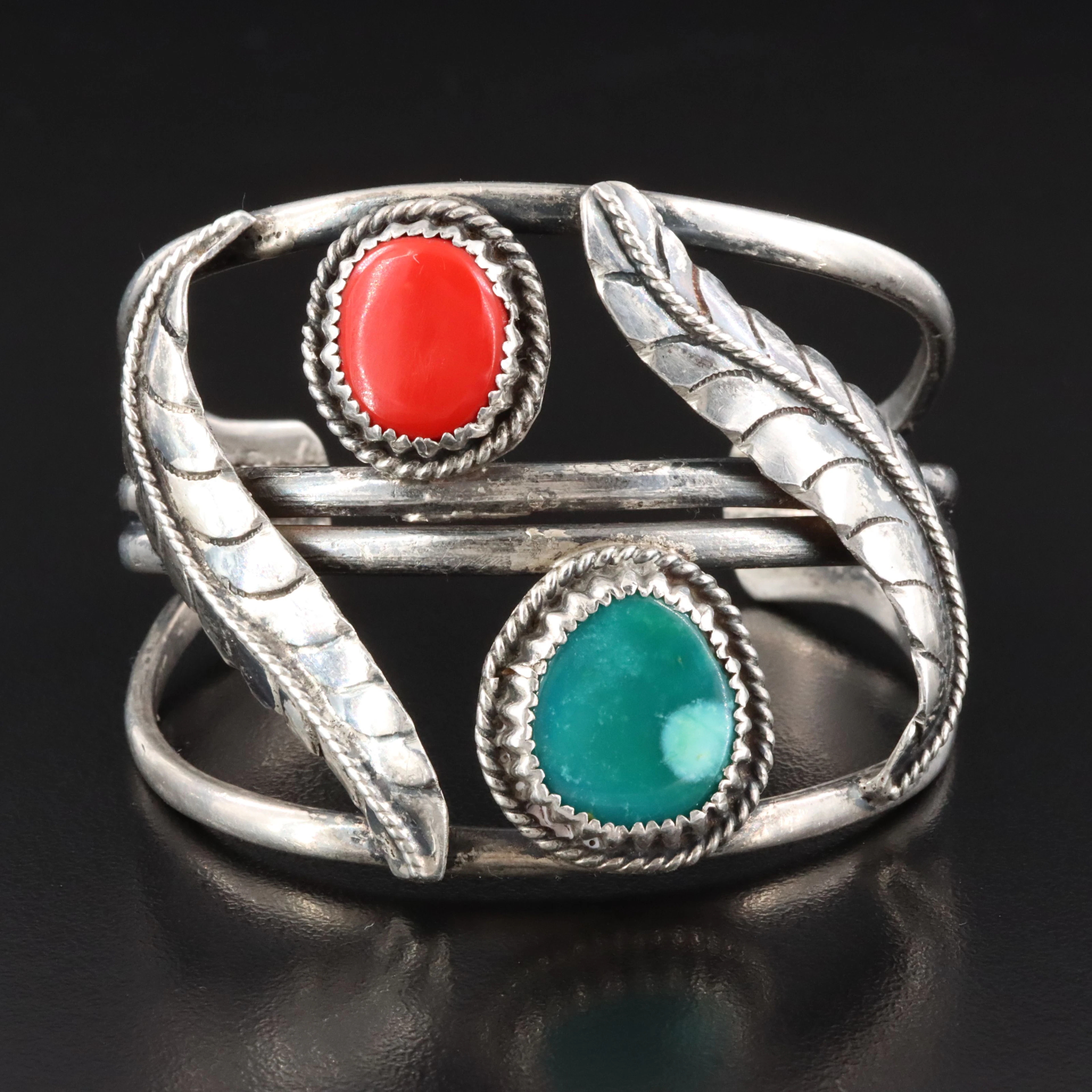 Vintage Western 950 Silver Turquoise & Faux Coral Cuff Bracelet