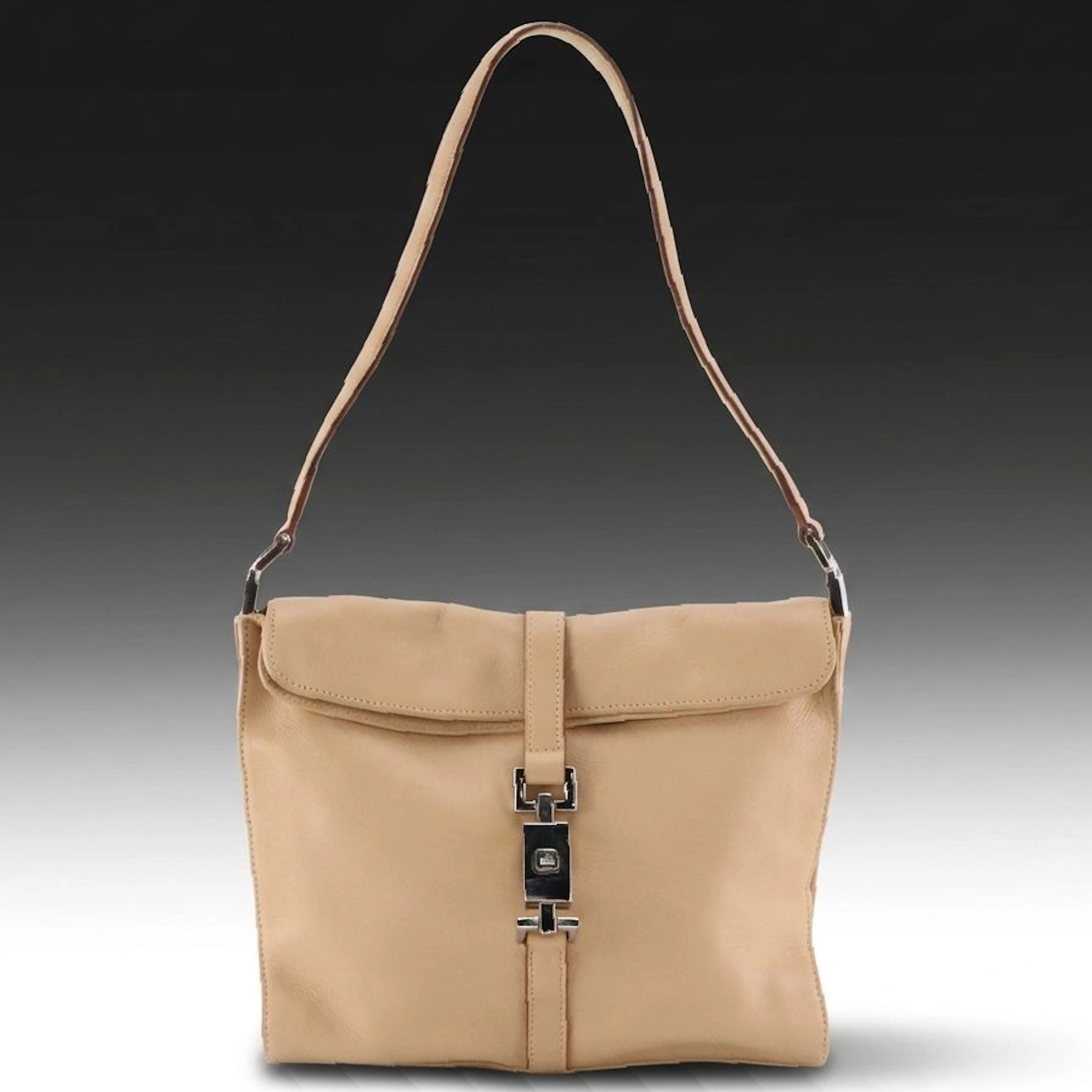 Gucci Jackie Piston Lock Foldover Shoulder Bag in Beige Calfskin Leather