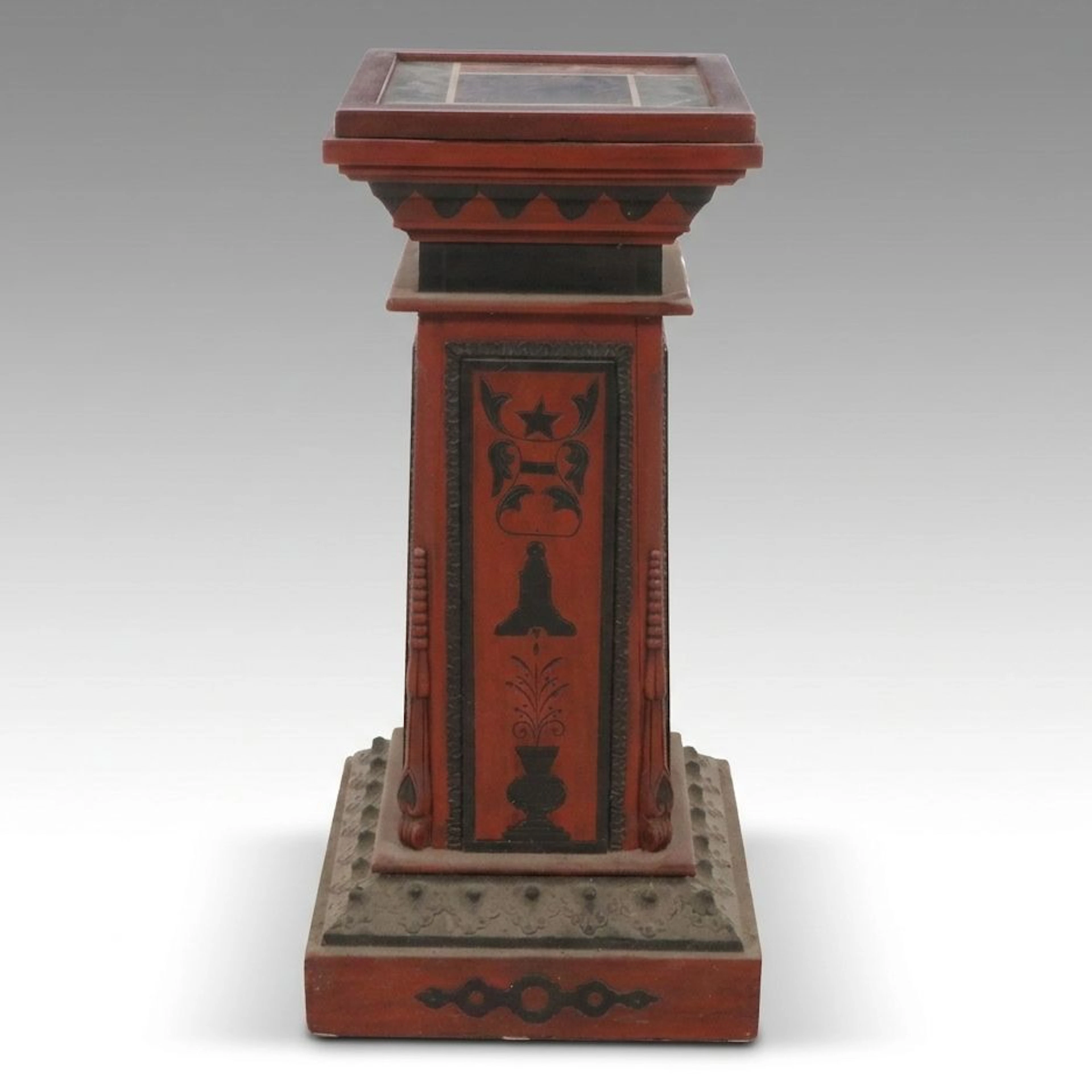 Folk Art Style Carved Wooden and Painted Pedestal with Tile Top