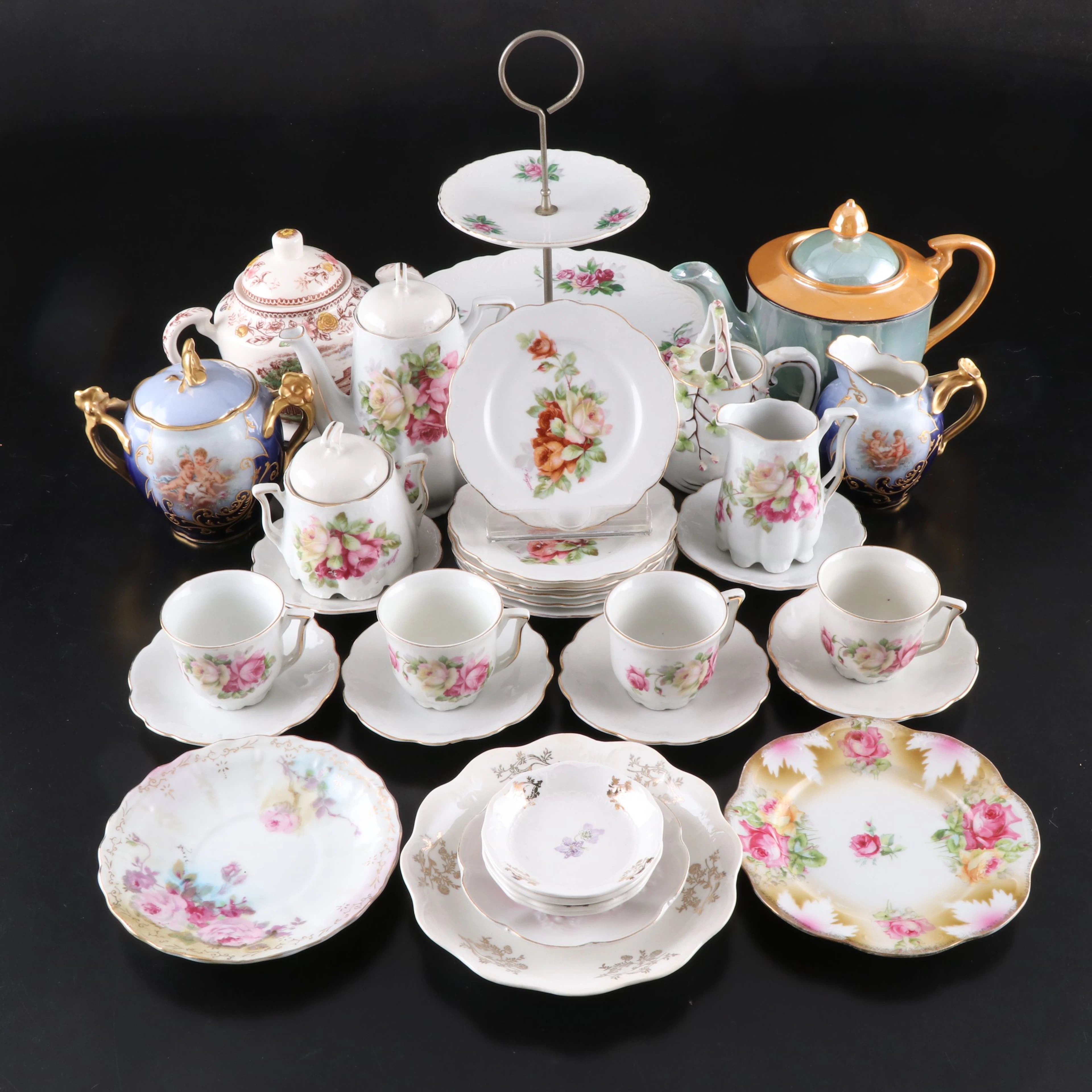 French, German with Other Floral Porcelain Teacups, Plates and Moree