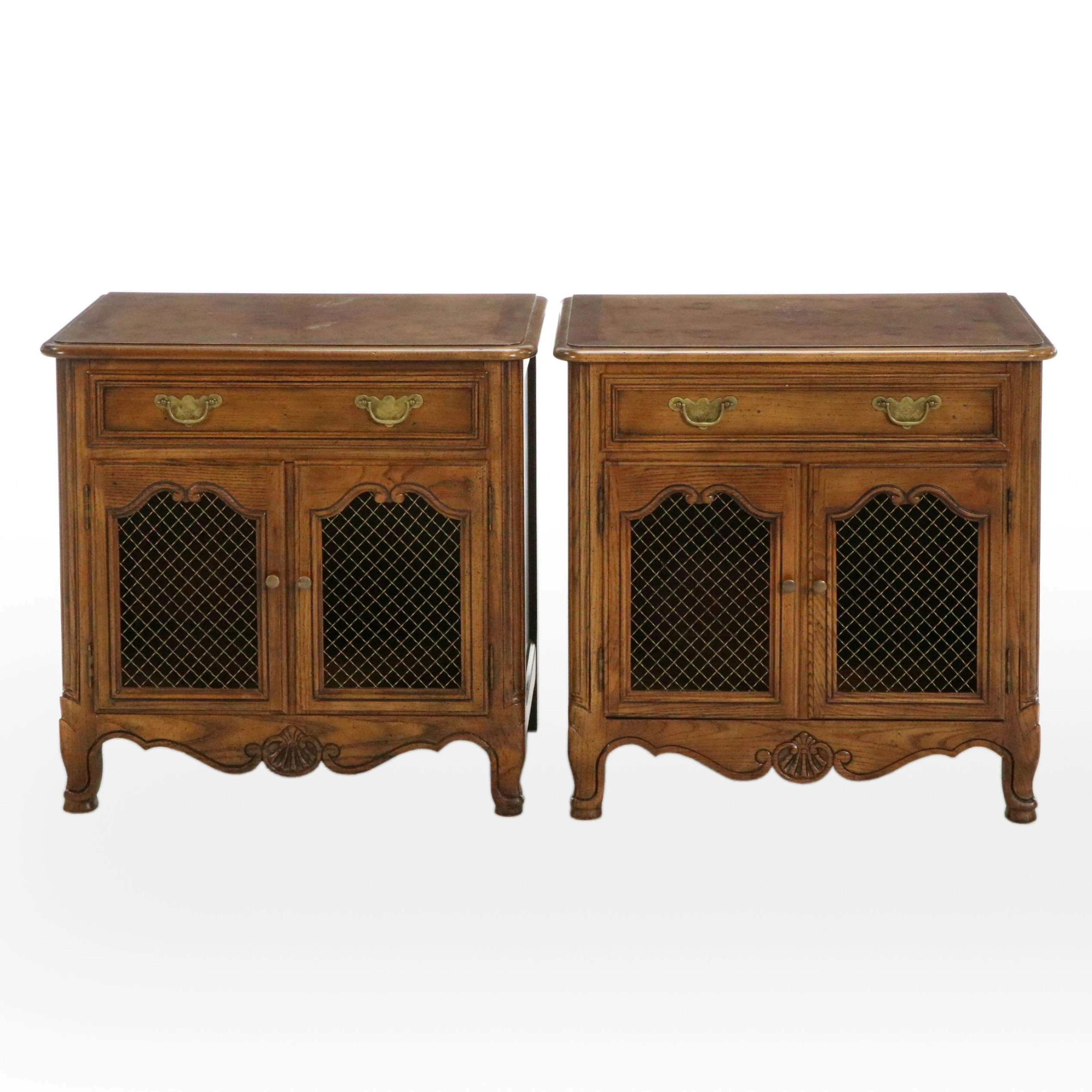 Baker Furniture French Provincial Style Walnut Finish Mesh Front Nightstands