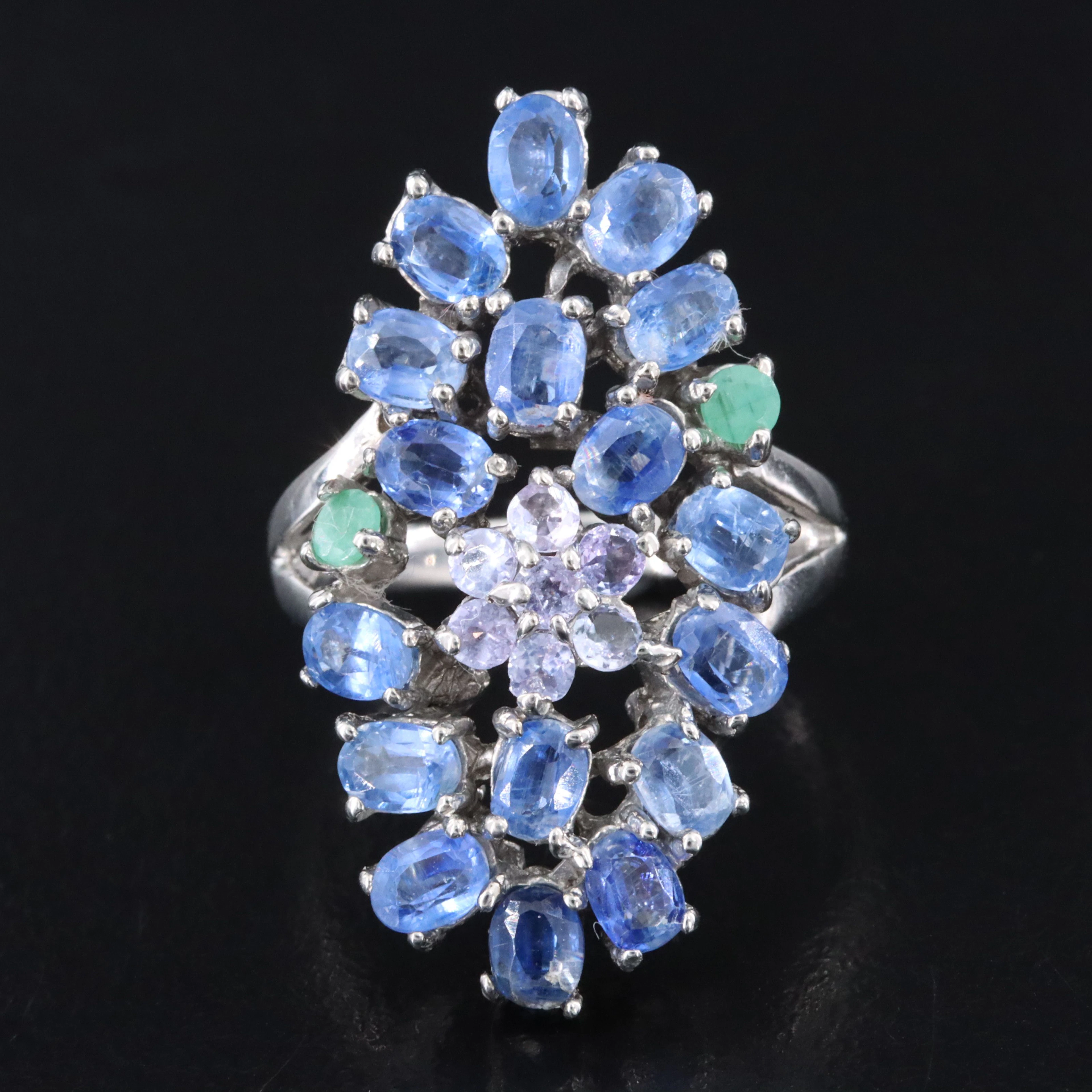 Sterling Kyanite, Emerald and Tanzanite Ring